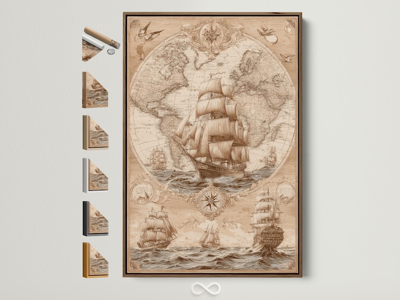 Vintage sepia world map with compass rose and sailing ships over decorative waves