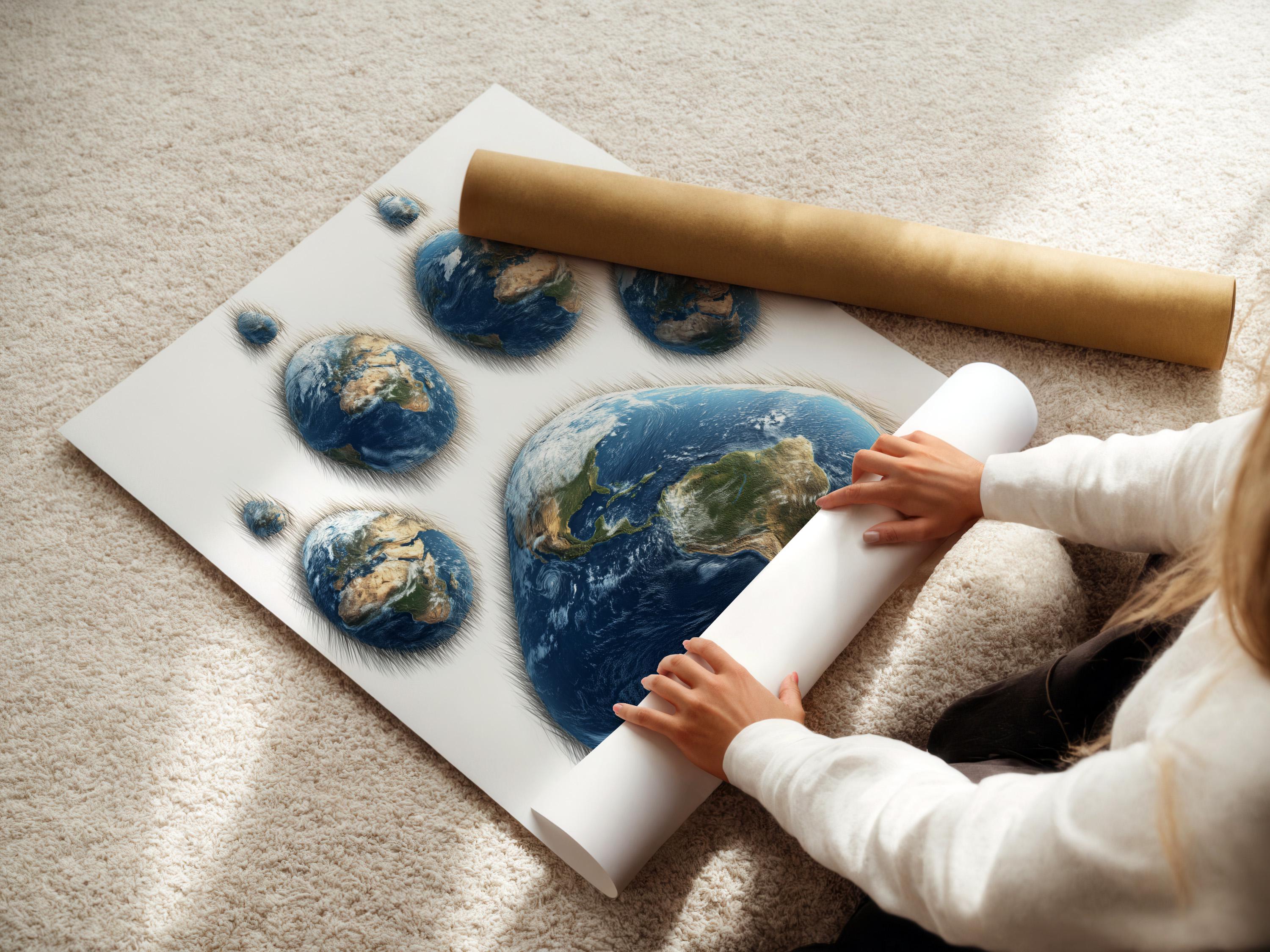 Globe Earth paw print with deep blue oceans and green and beige landmasses on a light background detail view