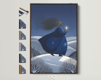 Indigo Winter Night Canvas Art Print - Woman with Candle Wall Hanging, Minimalist Starry Sky Artwork, Nordic Style Wall Decor for Home