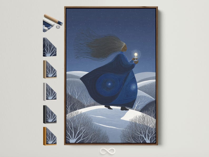 Indigo winter night artwork of a woman holding a glowing lantern above snowy hills and stars