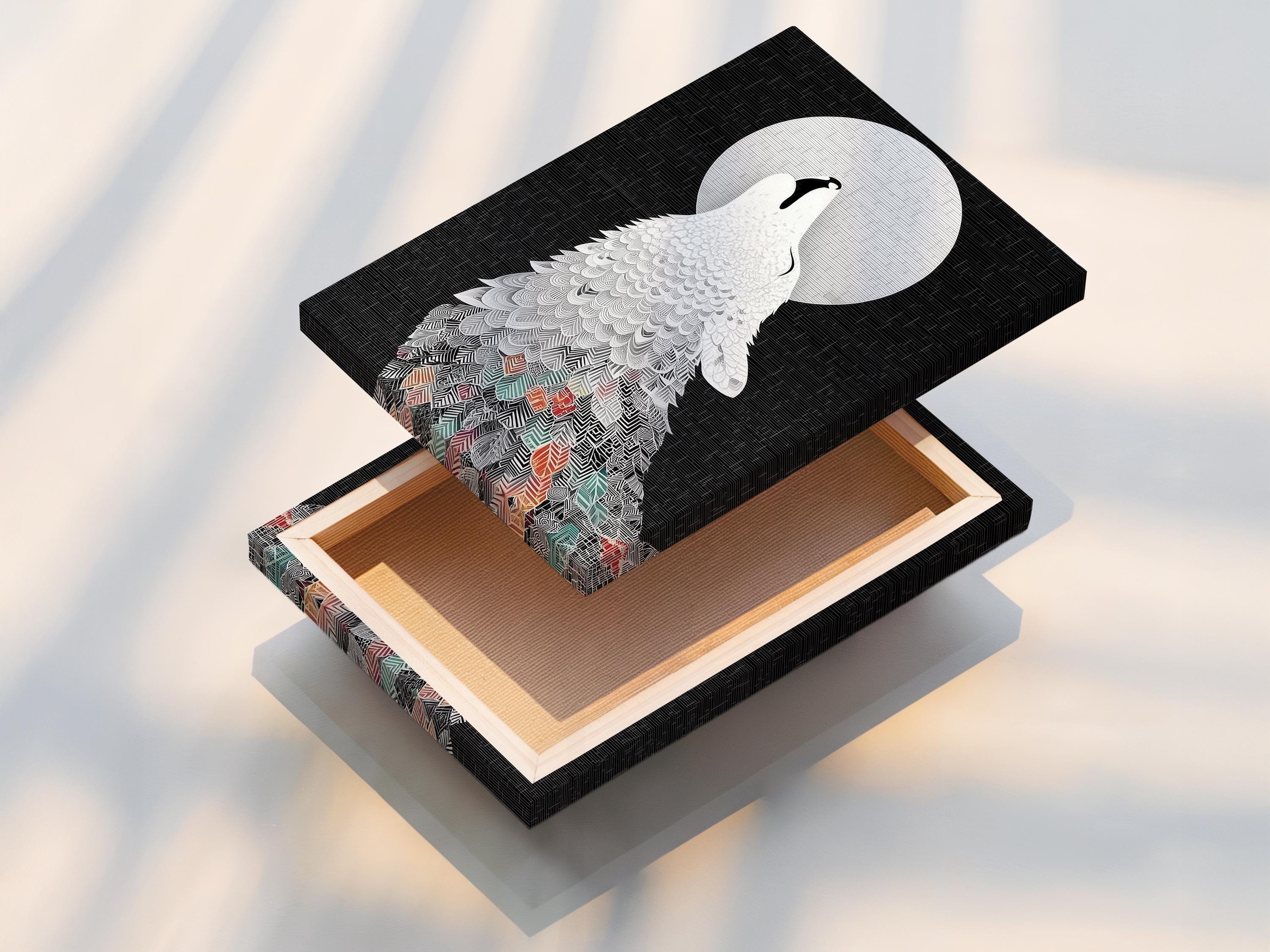 Room mockup showing framed wolf howling at moon artwork