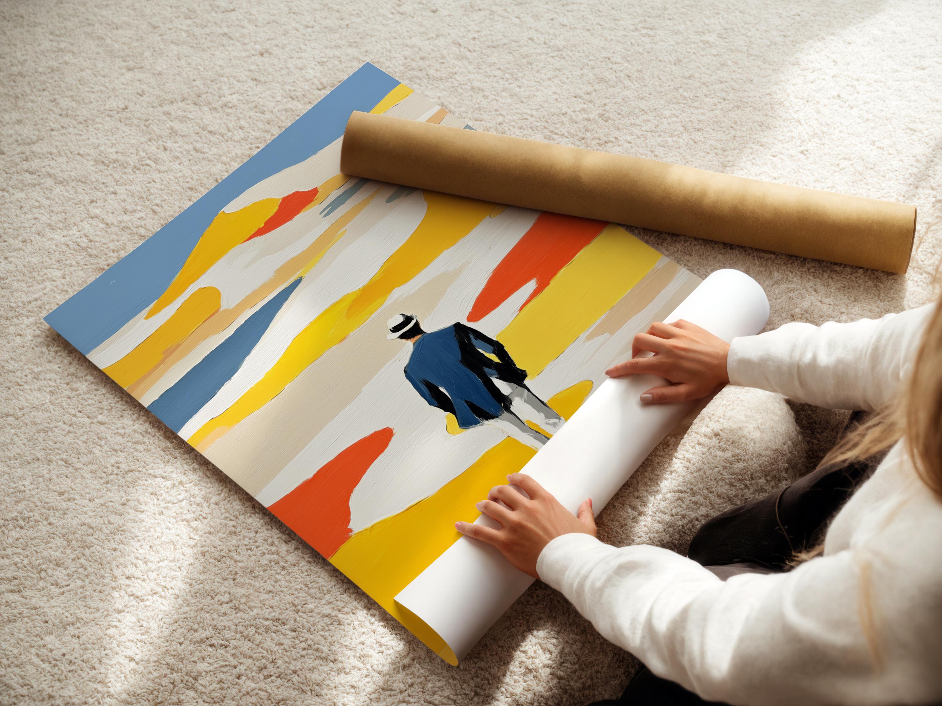 Room mockup featuring framed coastal beach artwork with a person walking away in yellow dunes