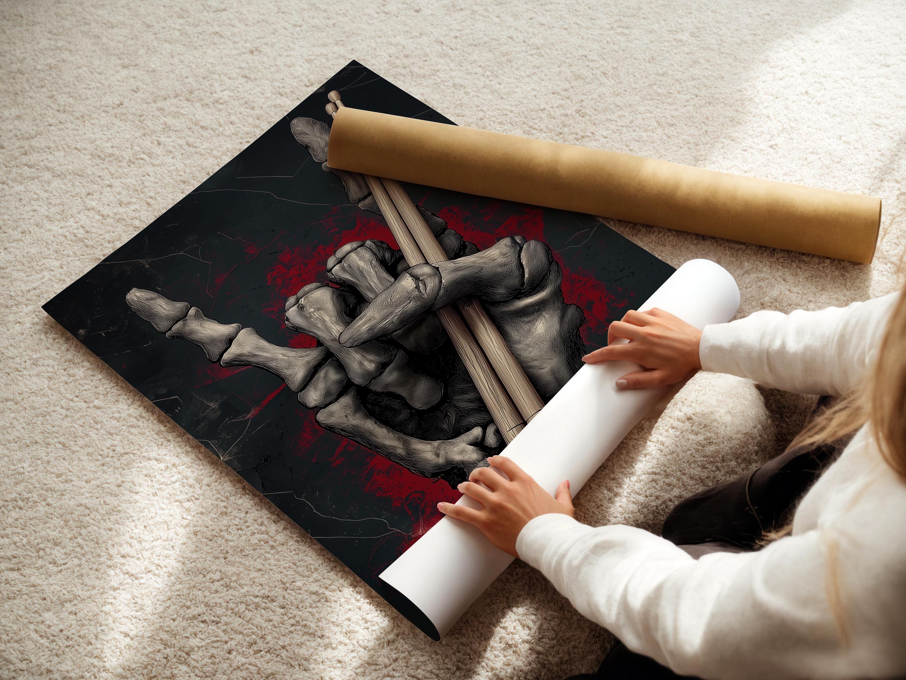 Gothic skeleton hands holding drumsticks on a dark charcoal background with red splatter detail view