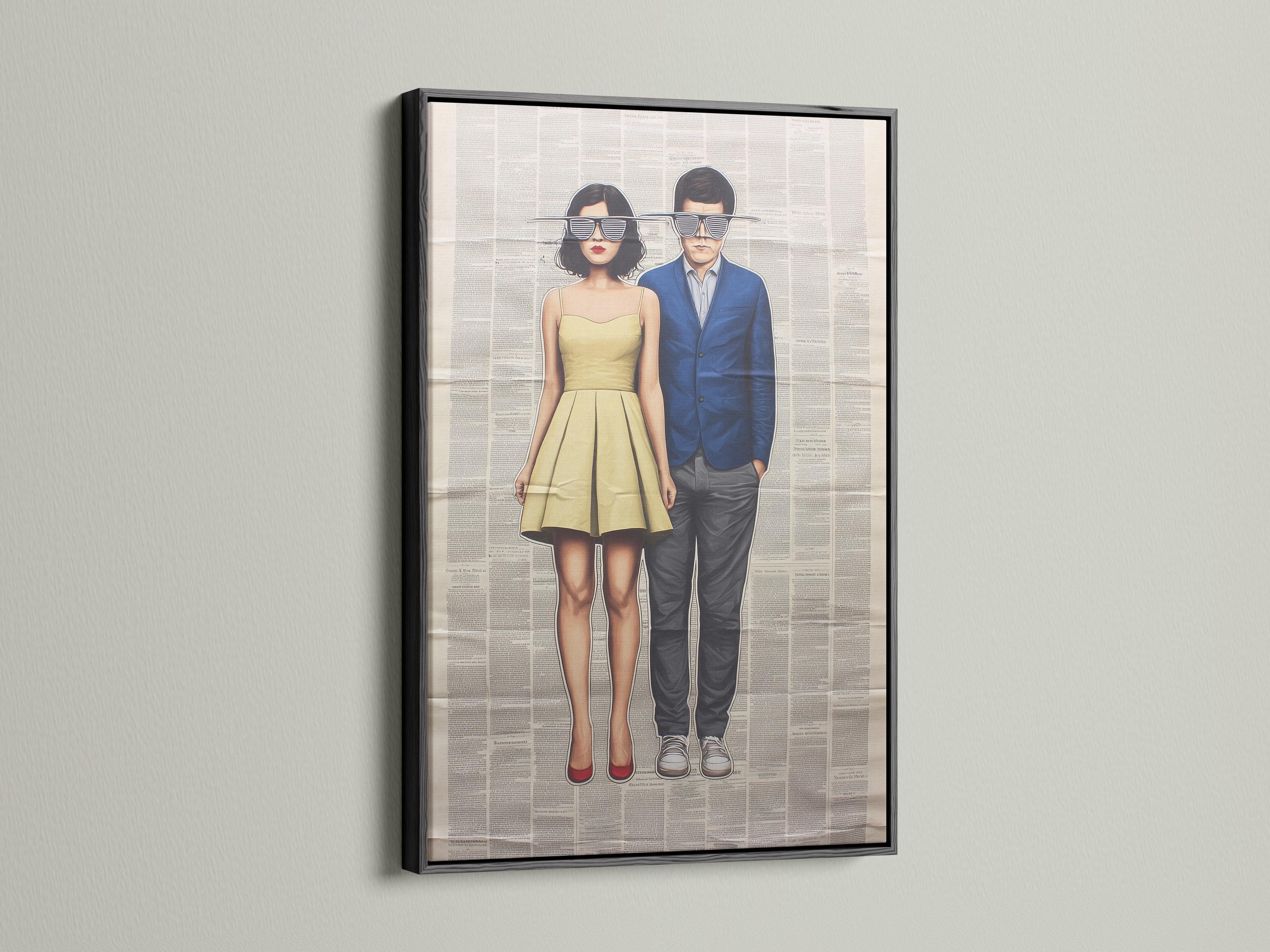 Wall mockup showing framed retro couple artwork with newspaper-text background