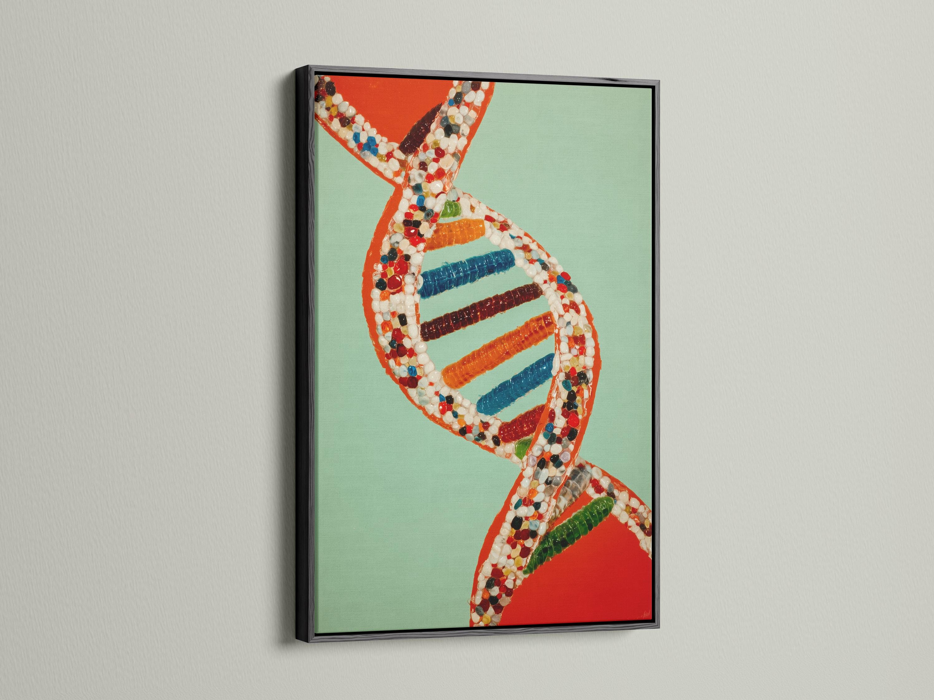 A researcher in a white lab coat stands next to a framed DNA double helix artwork