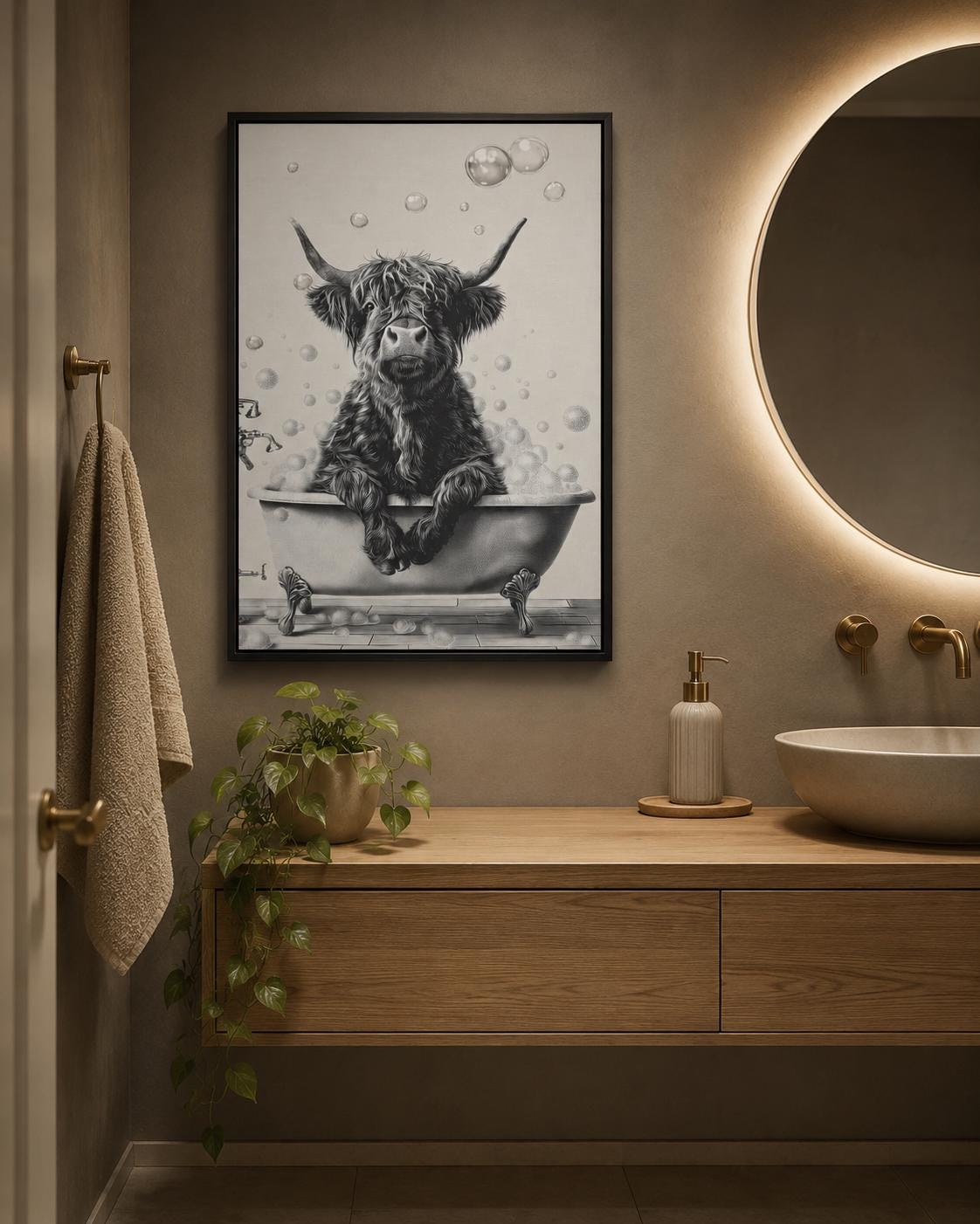 Woman holding a mug standing beside a framed monochrome highland cow bathtub artwork