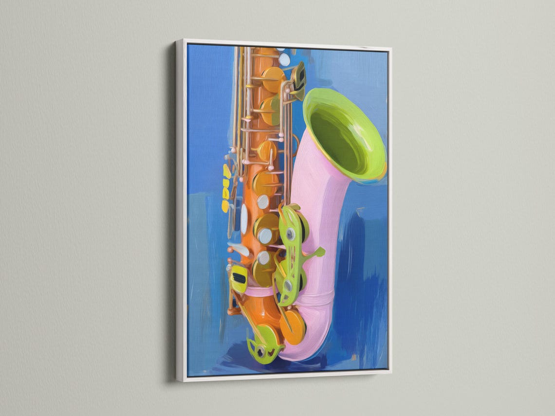 Abstract saxophone illustration with deep blue background, orange, green and pink accents detail view
