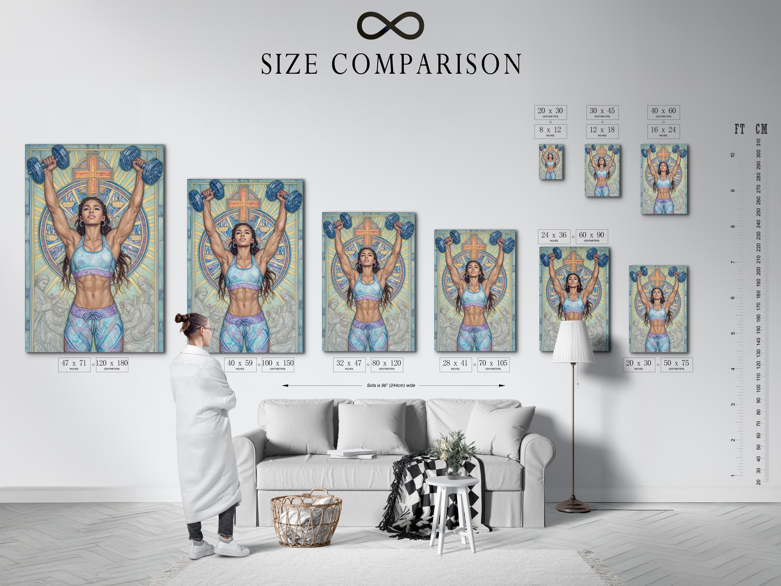 A stylised image shows a woman lifting both arms in prayer-like posture beneath a large cross, in cool blue and pastel tones detail view