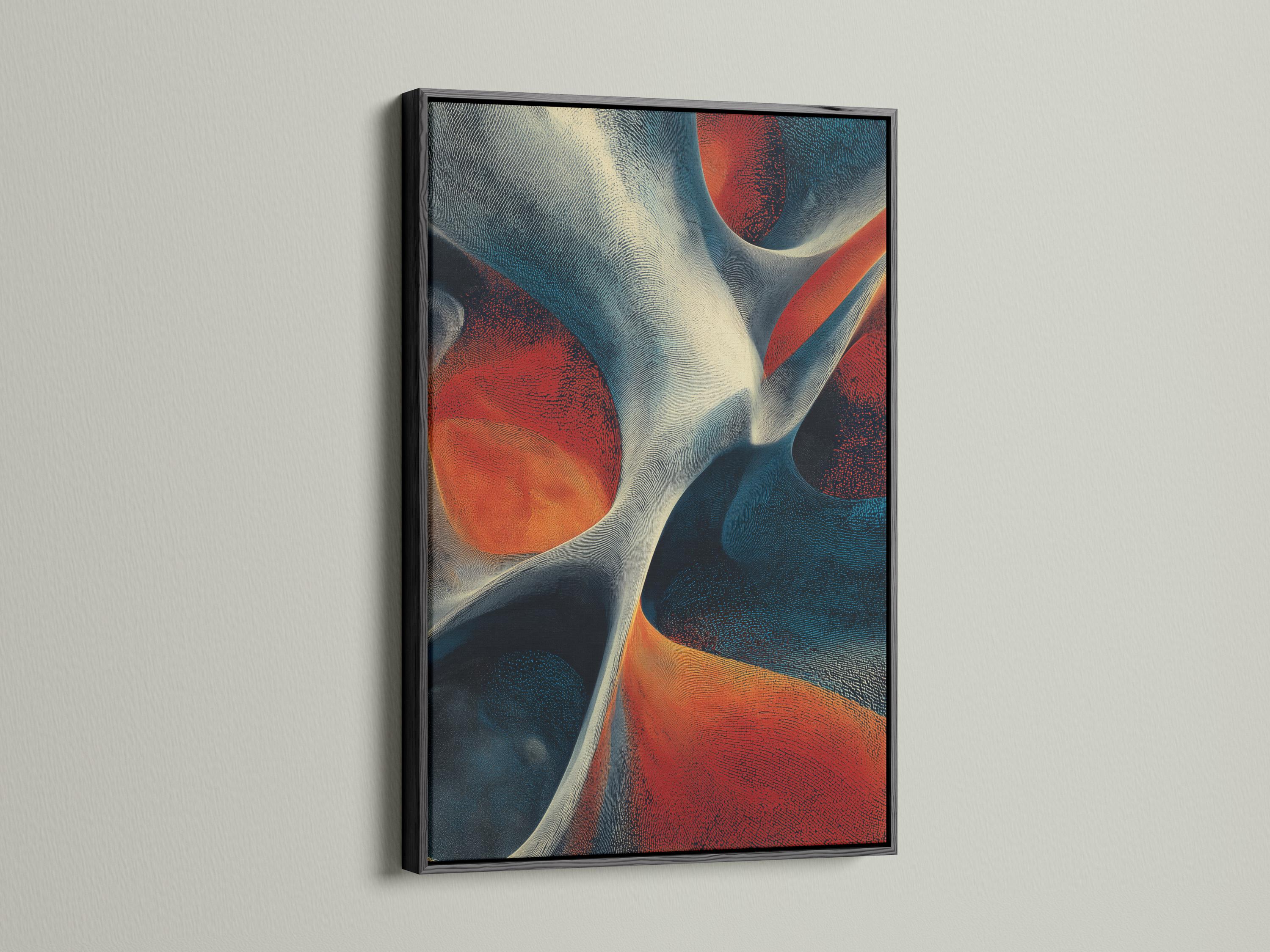 Abstract artwork with cream flowing curves and teal, navy, orange and red textured shapes detail view