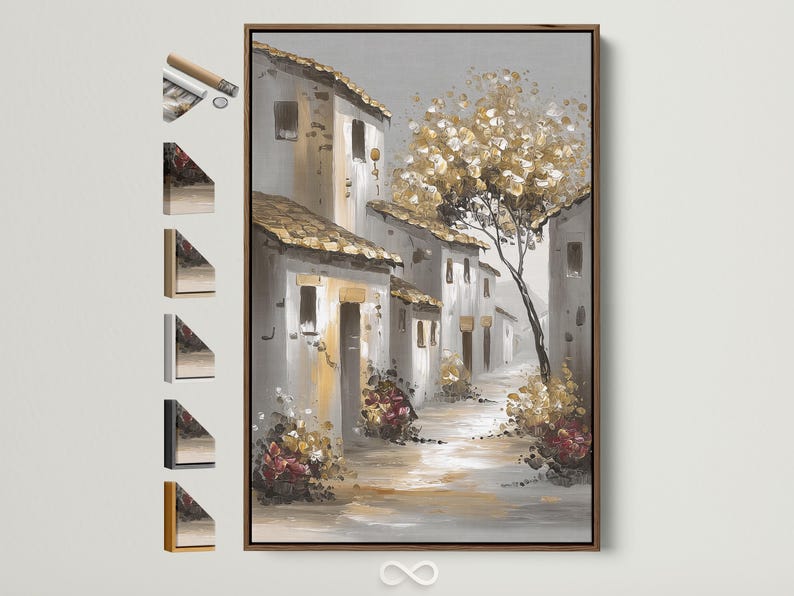 Pale village street scene with gold blossom clusters, tree branches and traditional buildings