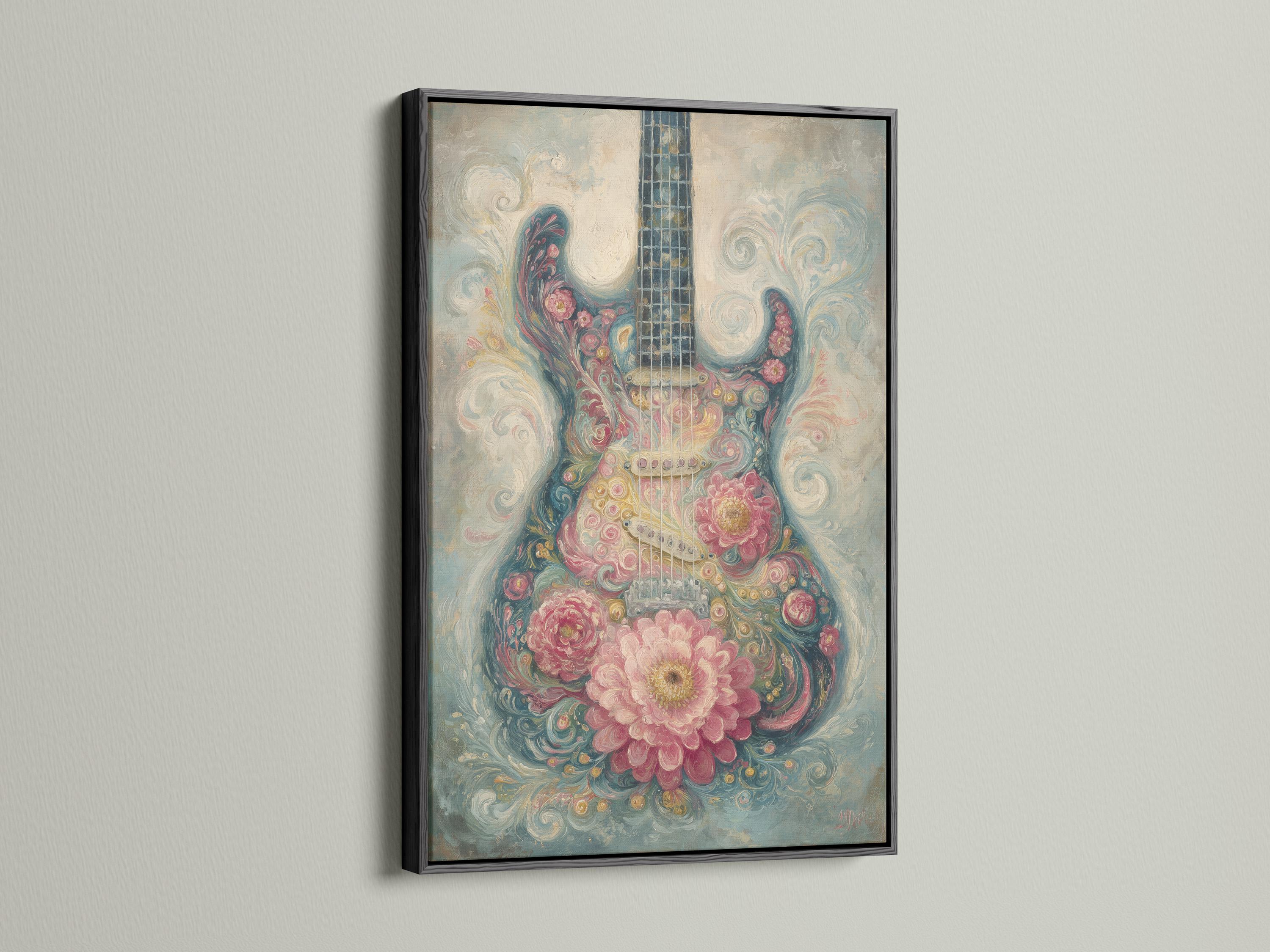 Stylised floral guitar artwork with dusty pink blossoms and teal-blue swirls detail view