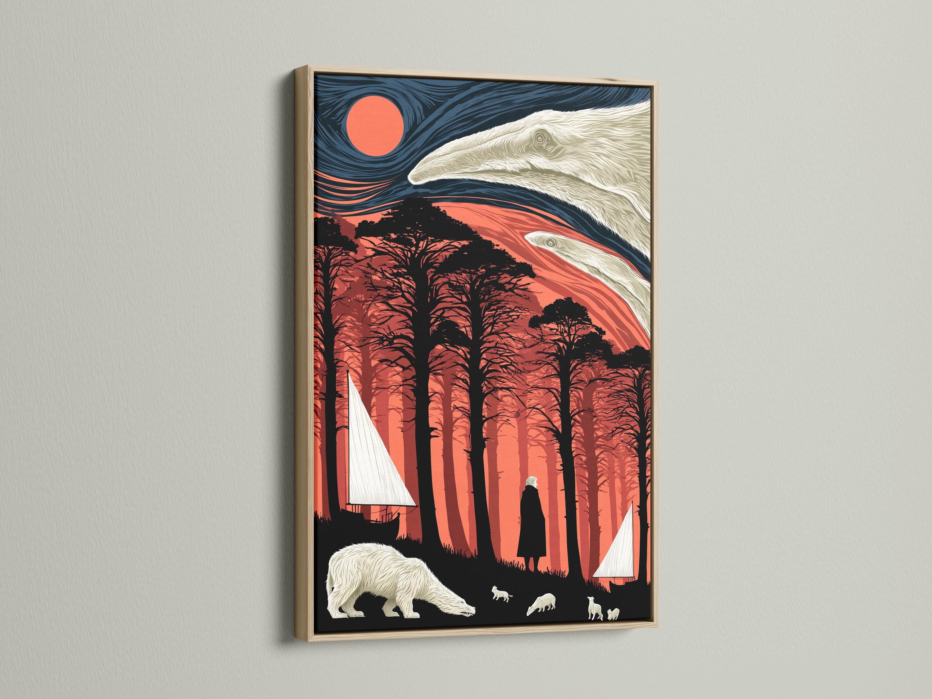 Stylised polar bear scene with a red sun, dark forest silhouettes, pale animals and a sailboat detail view