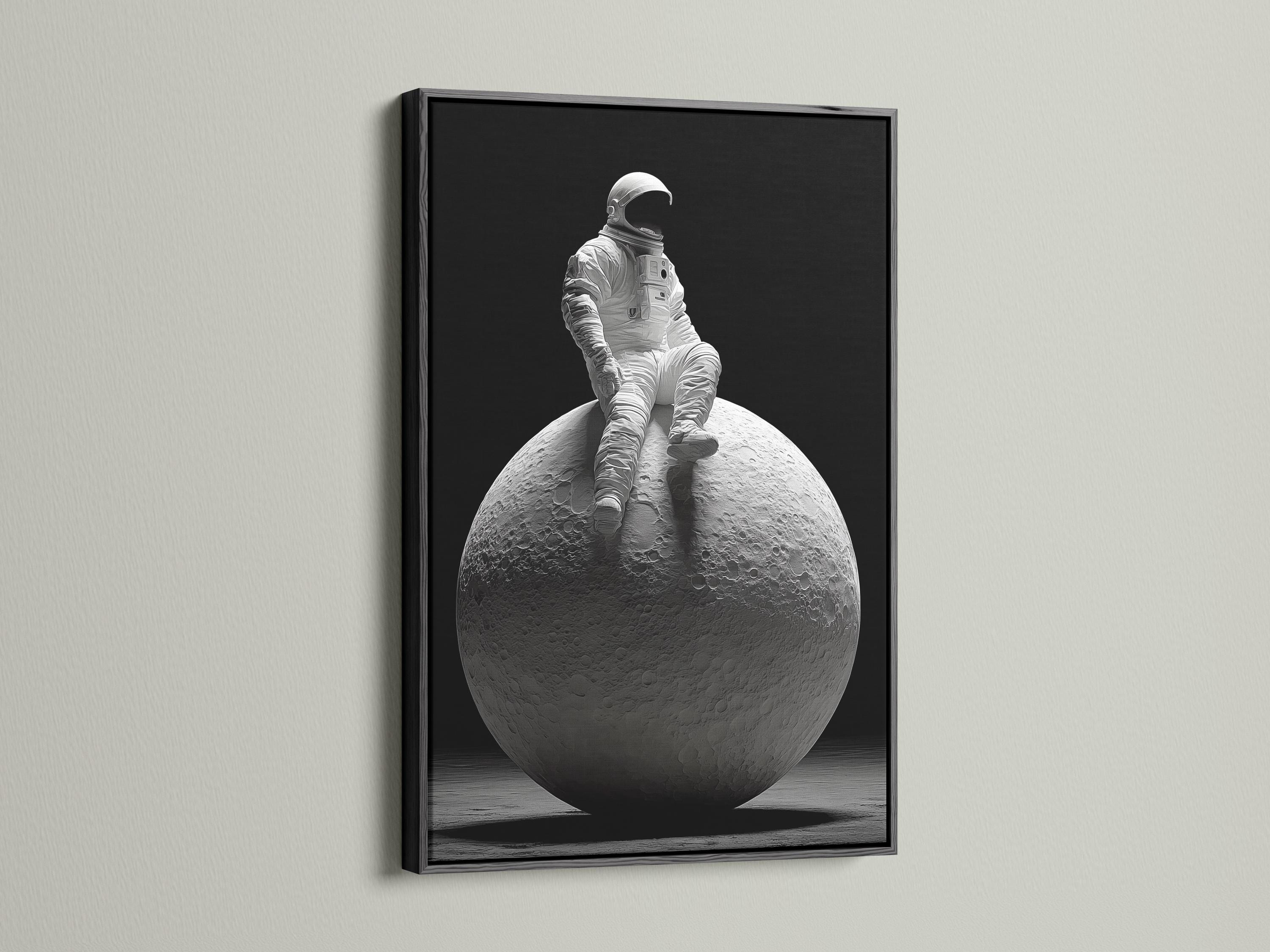 Monochrome astronaut in a space suit seated on a cratered moon against a dark background detail view