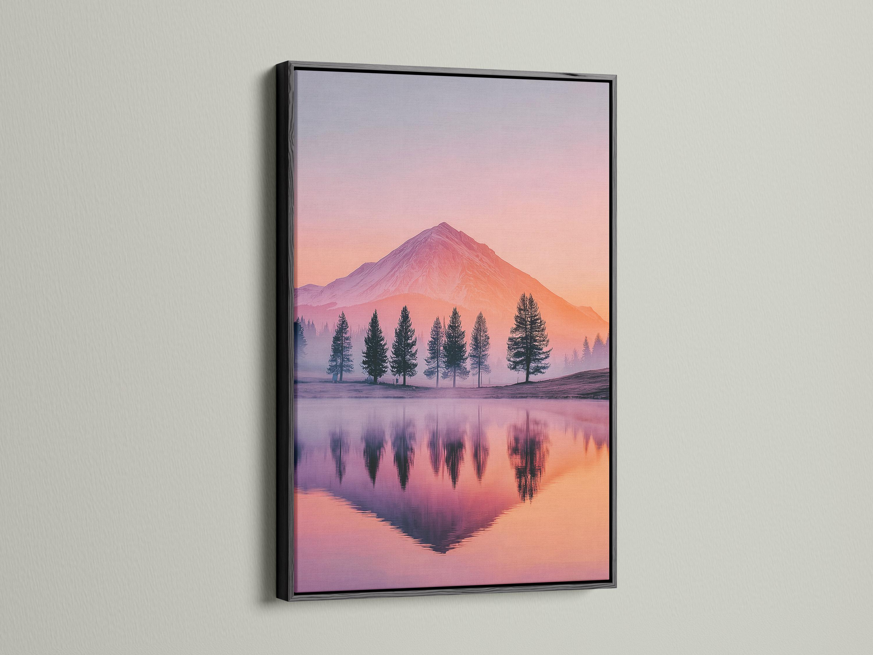 A pastel mountain landscape at sunset shows a pink-orange sky, a prominent mountain, silhouetted evergreen trees, and a calm mirrored lake reflection