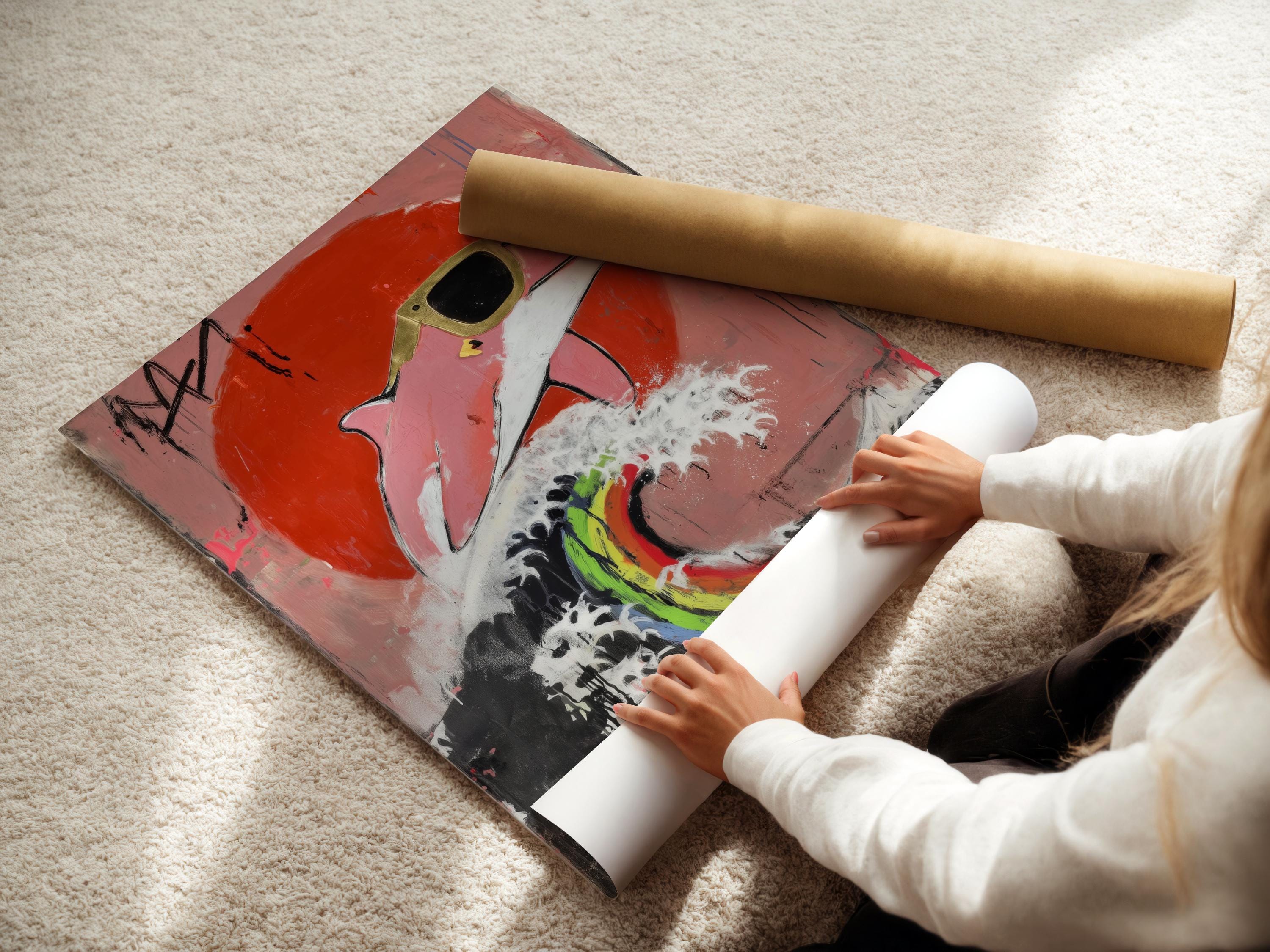 A stylised pink dolphin in pop-art style is shown diving through a graffiti-like backdrop with bold rainbow accents and drips detail view