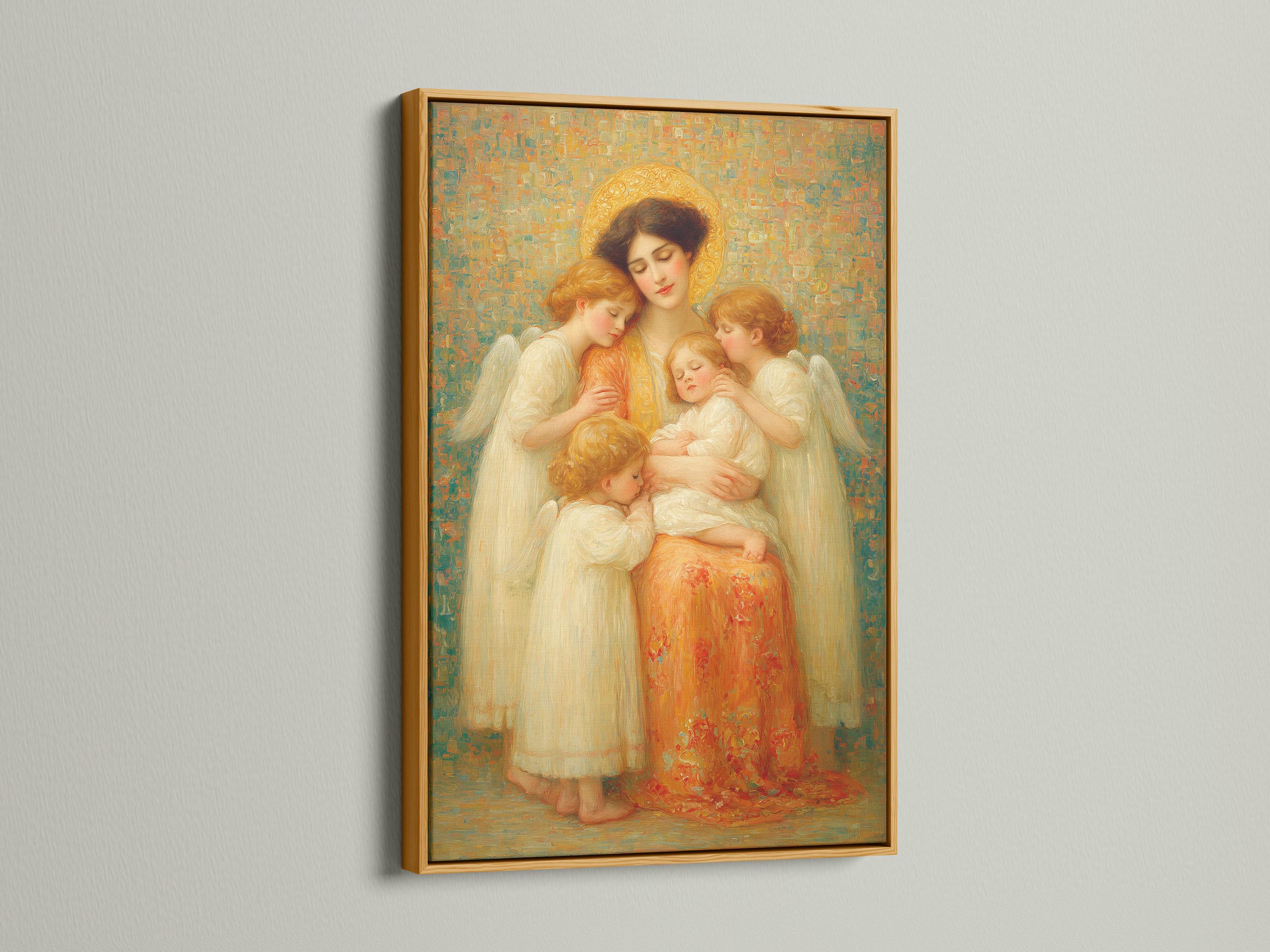 Painterly Madonna and Child scene with haloed angels and wings against a textured green-gold background detail view