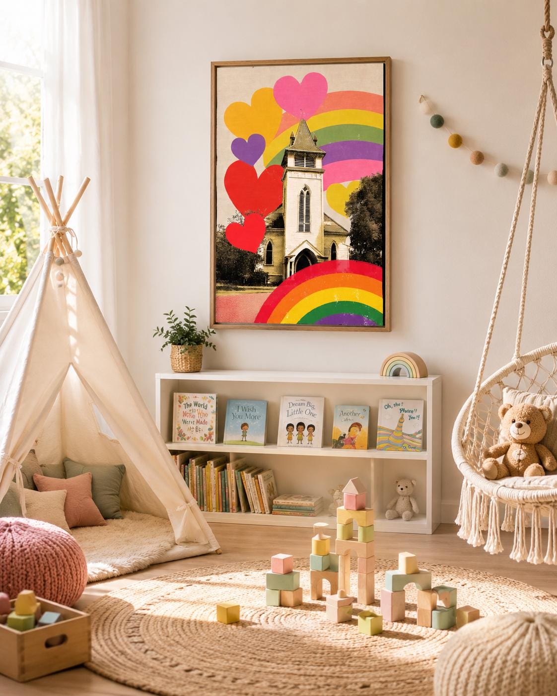 A person holding a mug sitting in a bedroom with a framed rainbow hearts church artwork on the wall