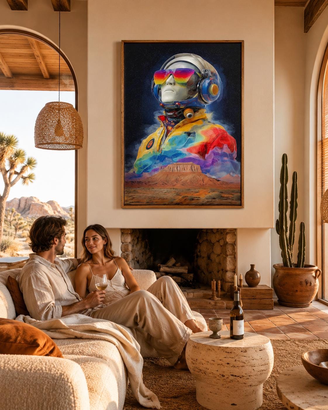 Futuristic astronaut standing in a desert under a dark starry sky with rainbow colours on the helmet and suit detail view
