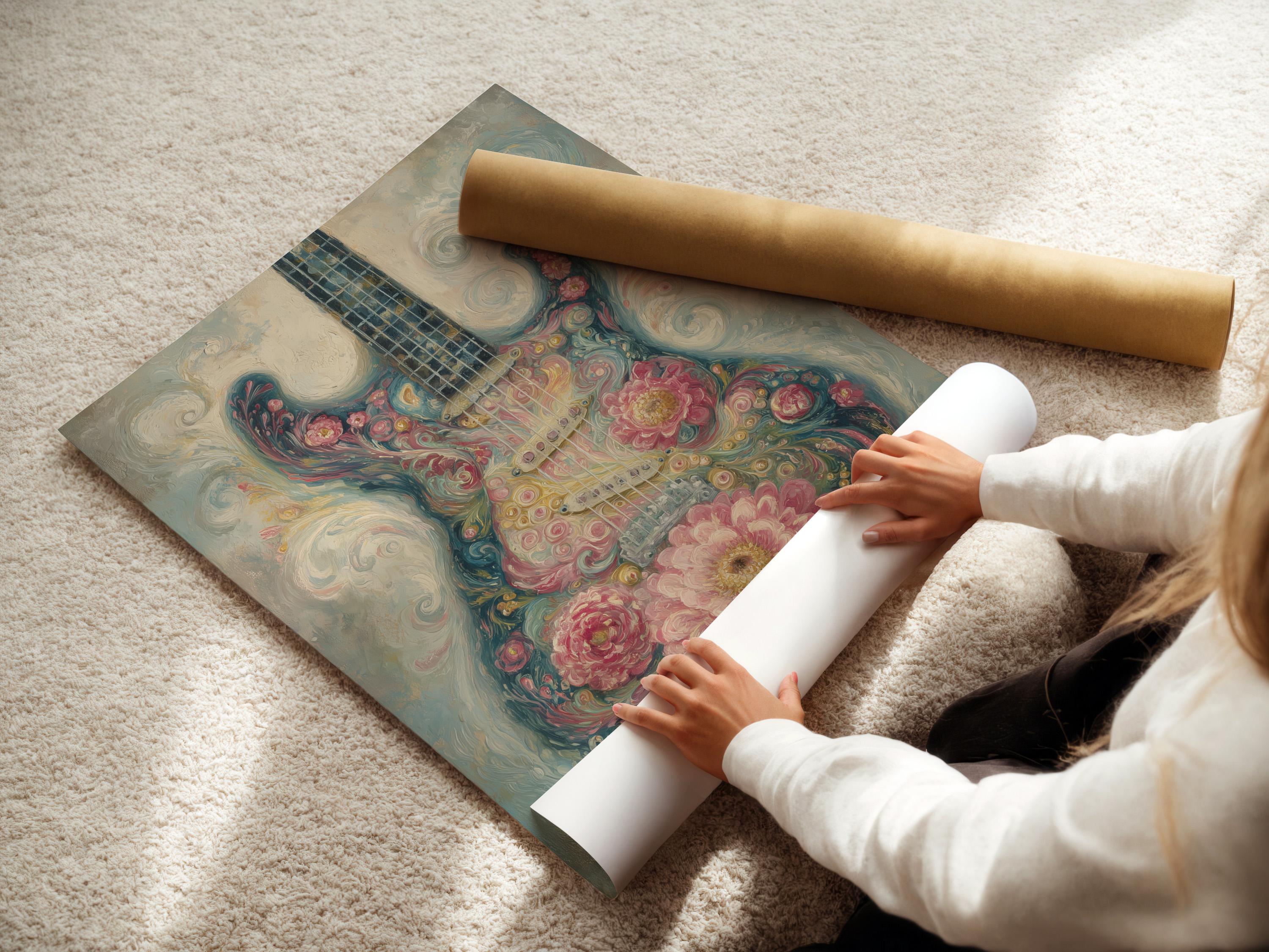 Stylised floral guitar artwork with dusty pink blossoms and teal-blue swirls detail view