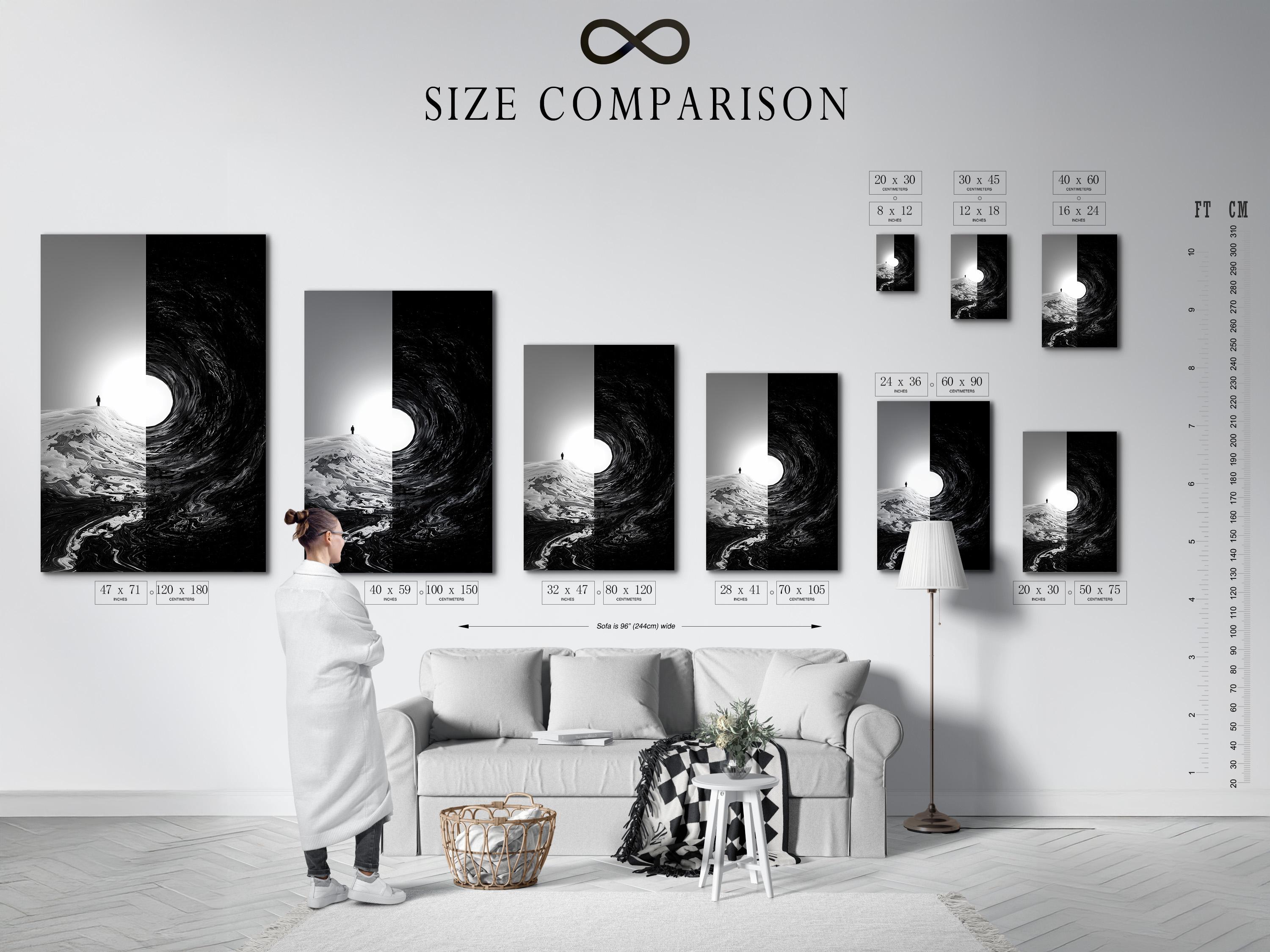 Room mockup showing monochrome framed artwork with a small standing figure and swirling black area