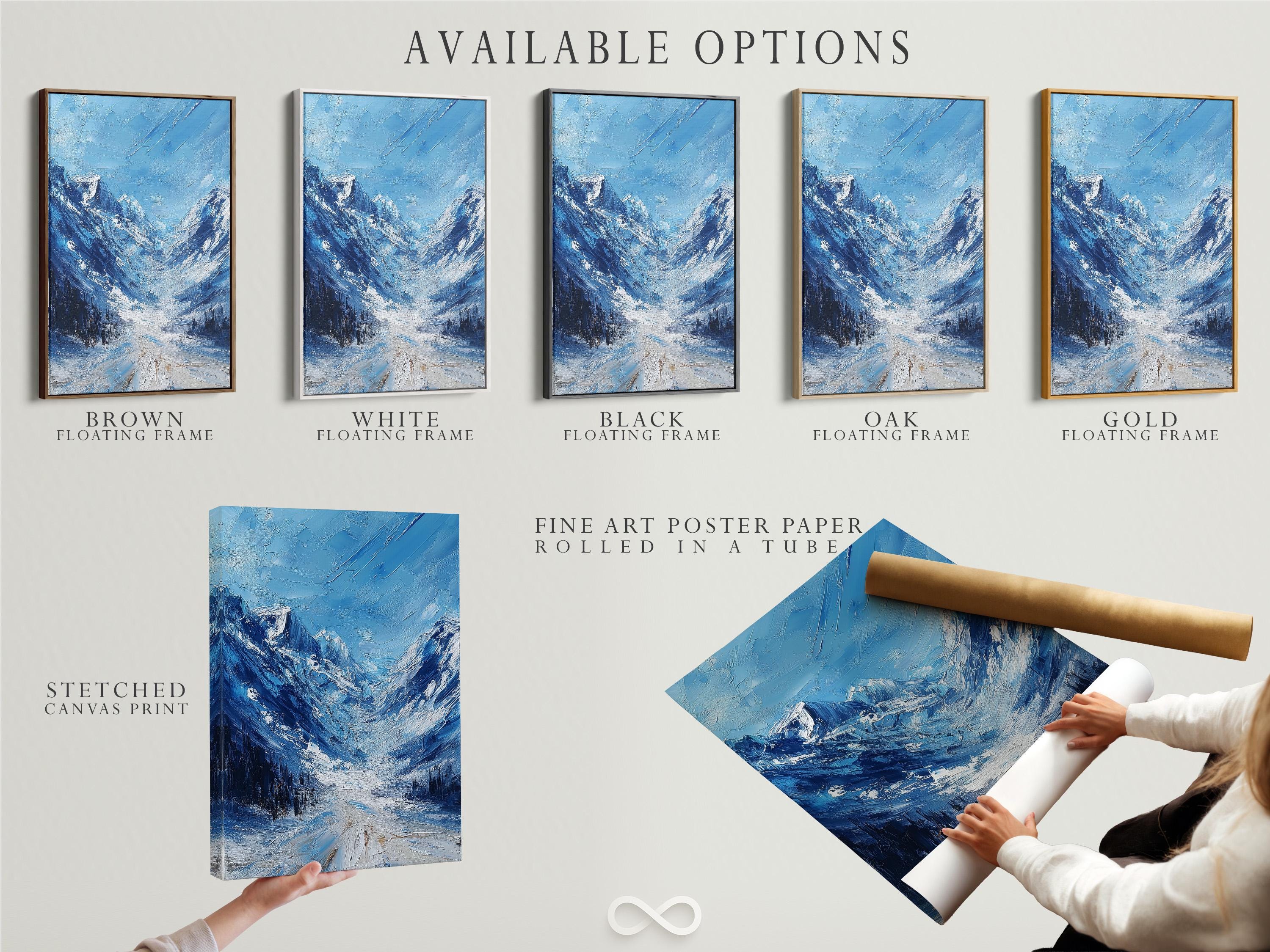 Textured blue winter mountain landscape painting with snowy peaks and valleys detail view