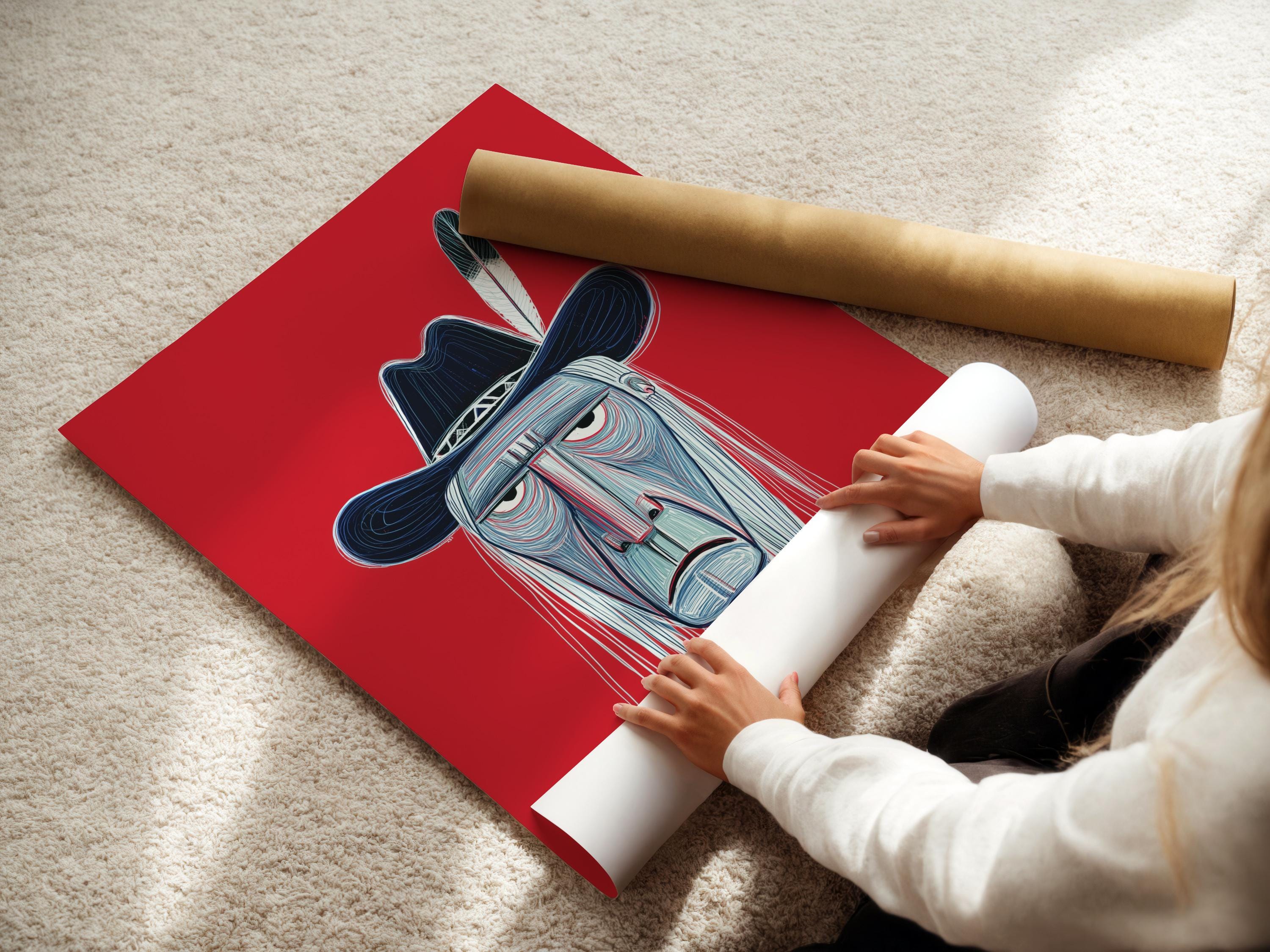 Stylised cowboy portrait with a wide-brim hat on a red background detail view