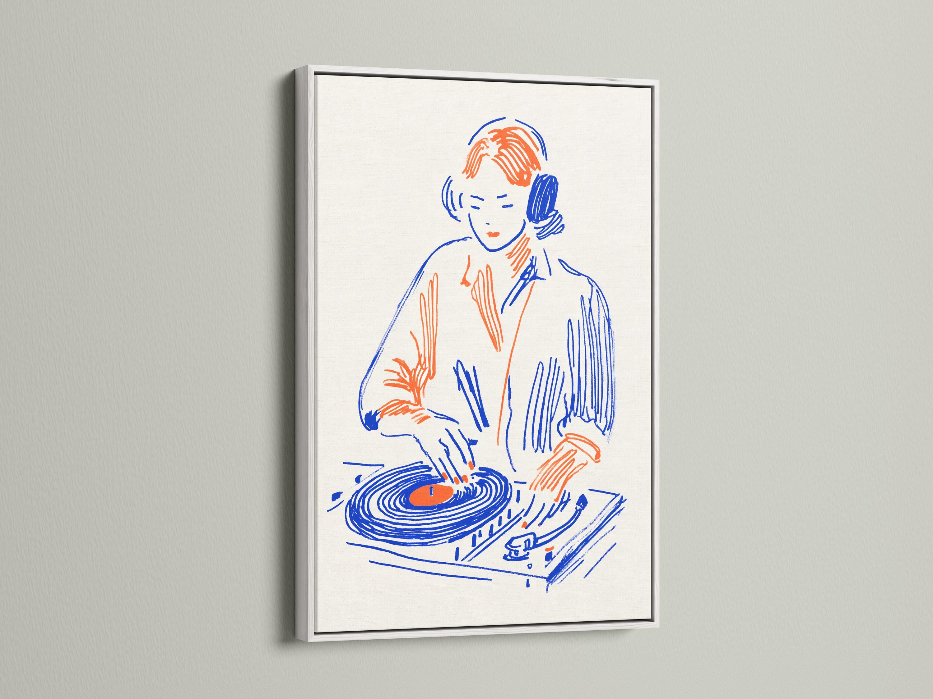 Stylised DJ portrait wearing headphones with a blue and orange turntable illustration detail view