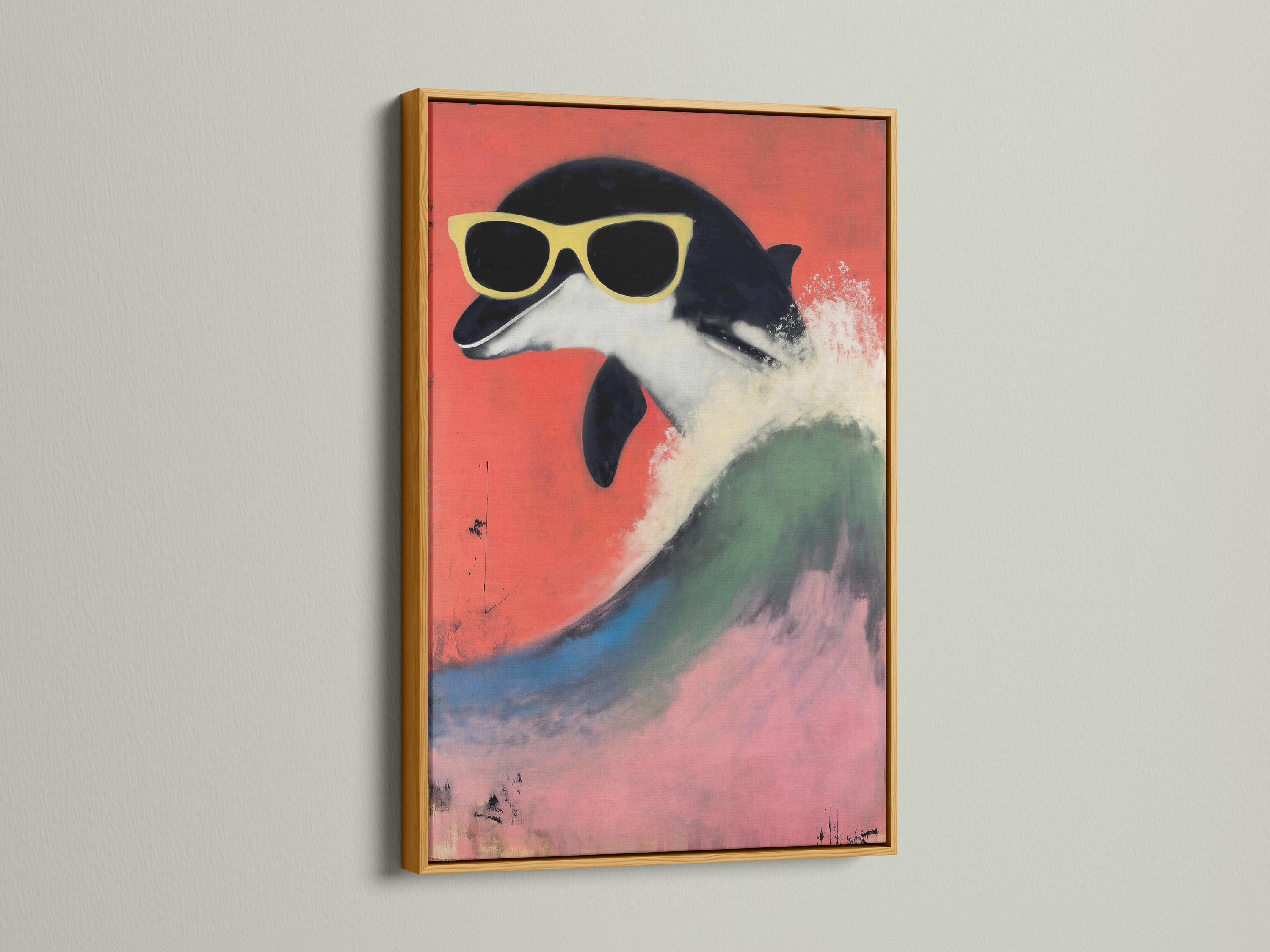 Stylised dolphin wearing oversized sunglasses against a coral red background with teal wave-like colours detail view