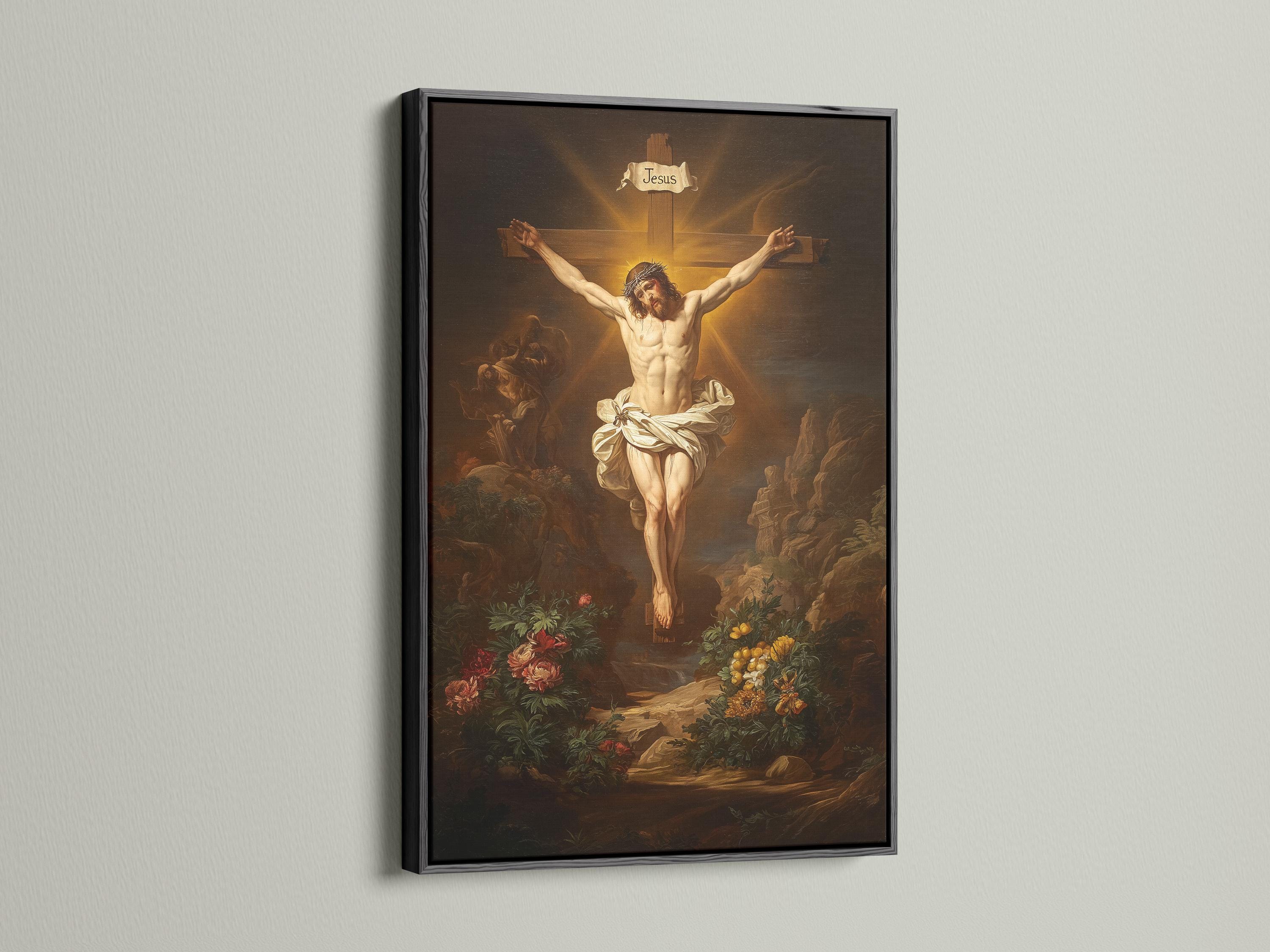 Vintage religious painting of a crucified man with warm gold light behind and flowers in the foreground; banner text reads “Jesus” detail view