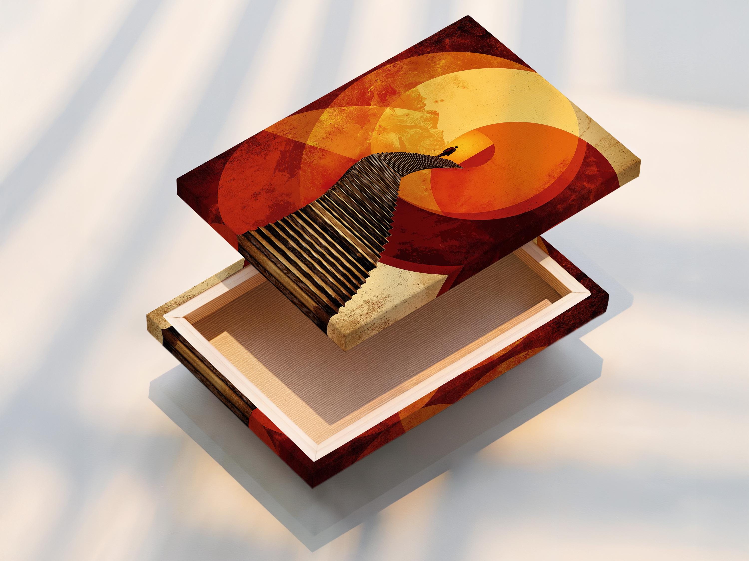 Warm orange and gold geometric arch artwork with a diagonal staircase and a dark silhouetted figure detail view