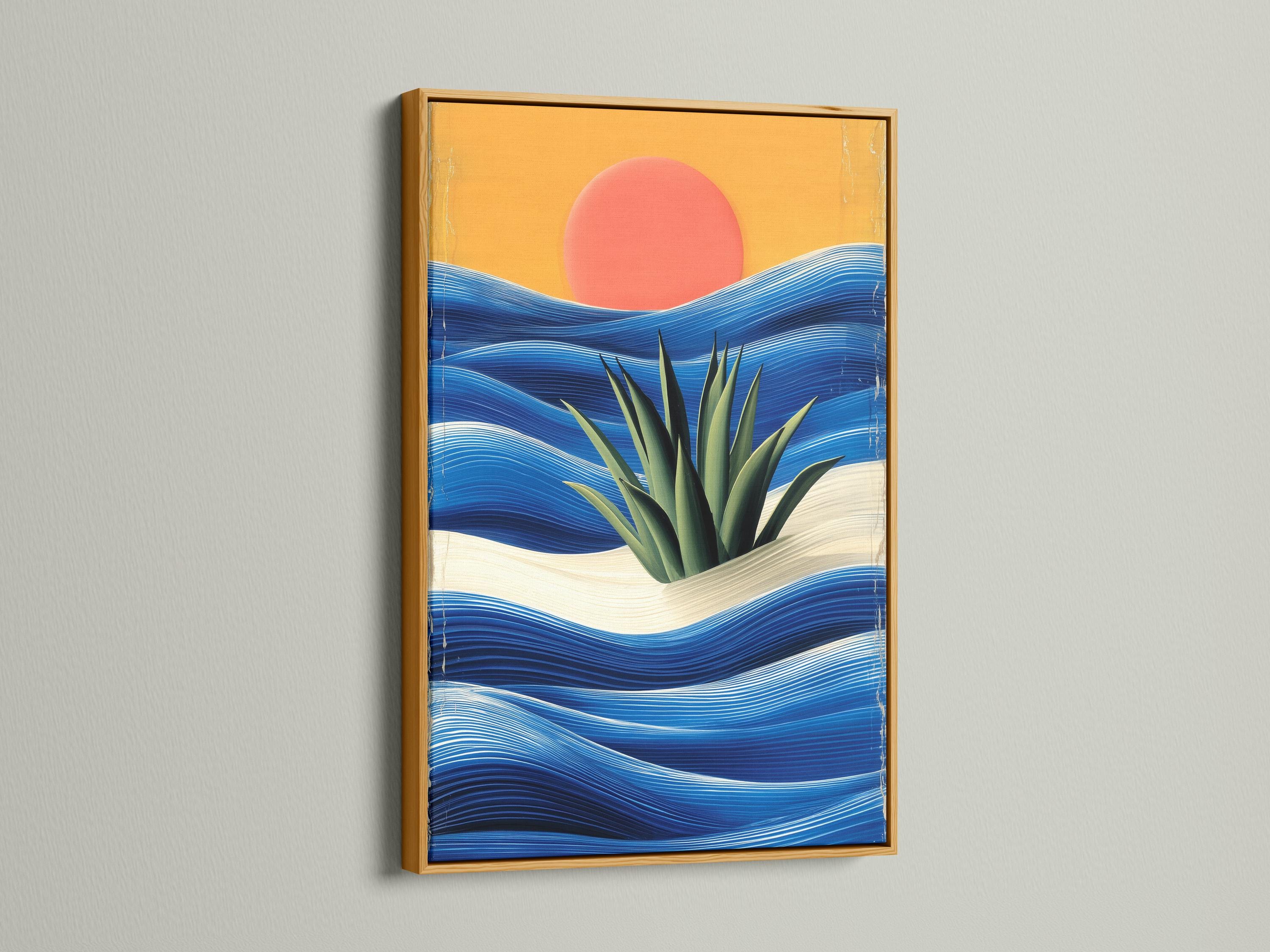 Sunset over stylised ocean waves with spiky green plants and pale sandy foreground detail view