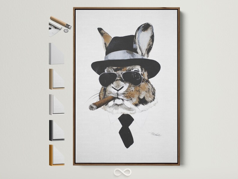 Illustrated rabbit wearing a black top hat, round sunglasses and bow tie on a light background