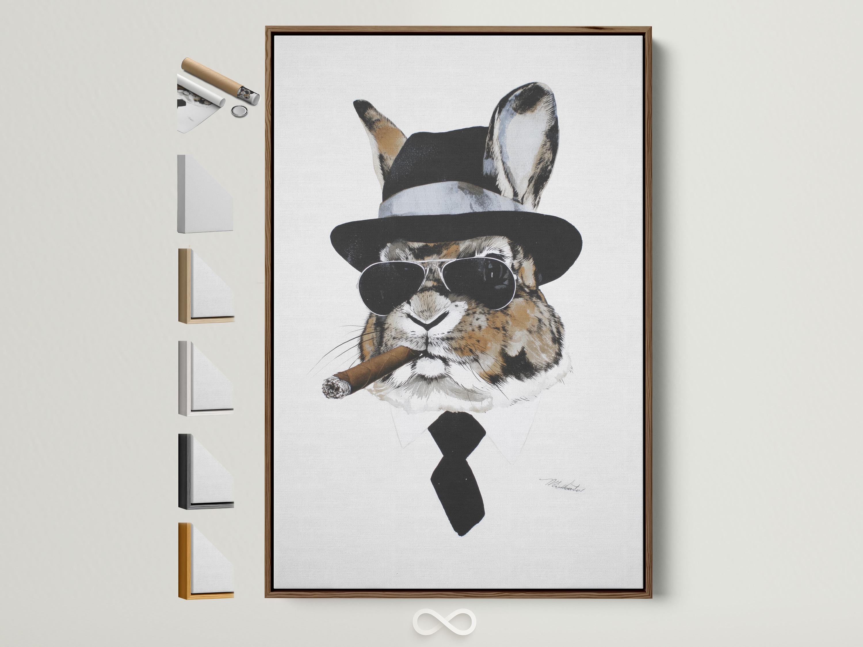 Illustrated rabbit wearing a black top hat, round sunglasses and bow tie on a light background