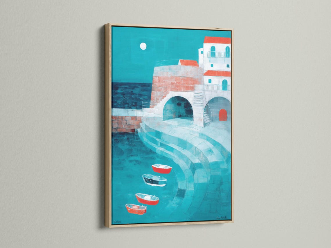 Turquoise harbour seascape with a rounded archway, white buildings, red boats and a pale moon detail view