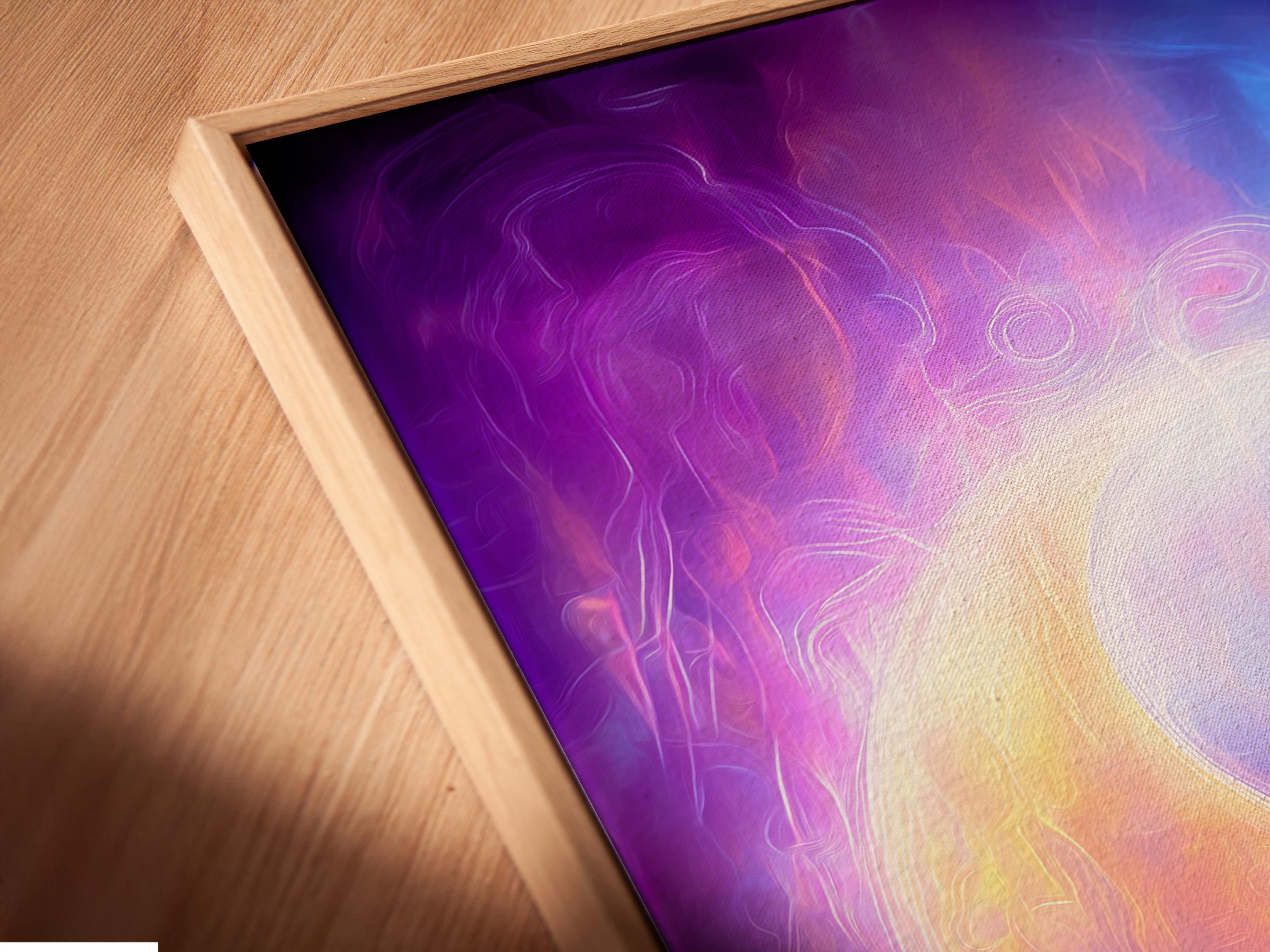 Portrait artwork of an abstract yin-yang inspired design in purple and blue shown in a room mockup