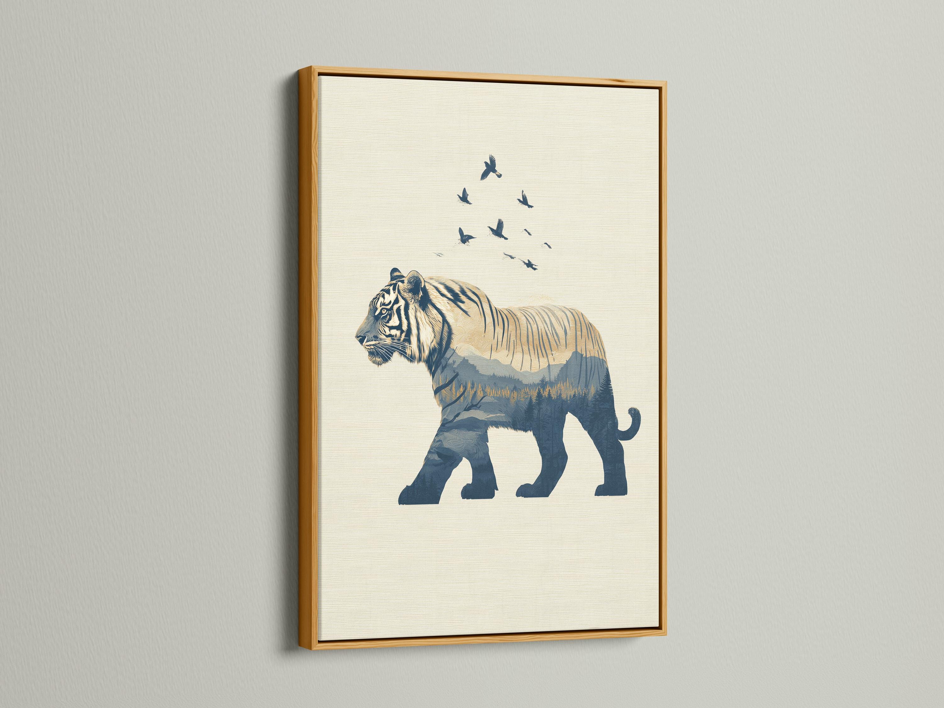 Minimalist tiger silhouette in navy with birds in flight above and layered mountains below detail view