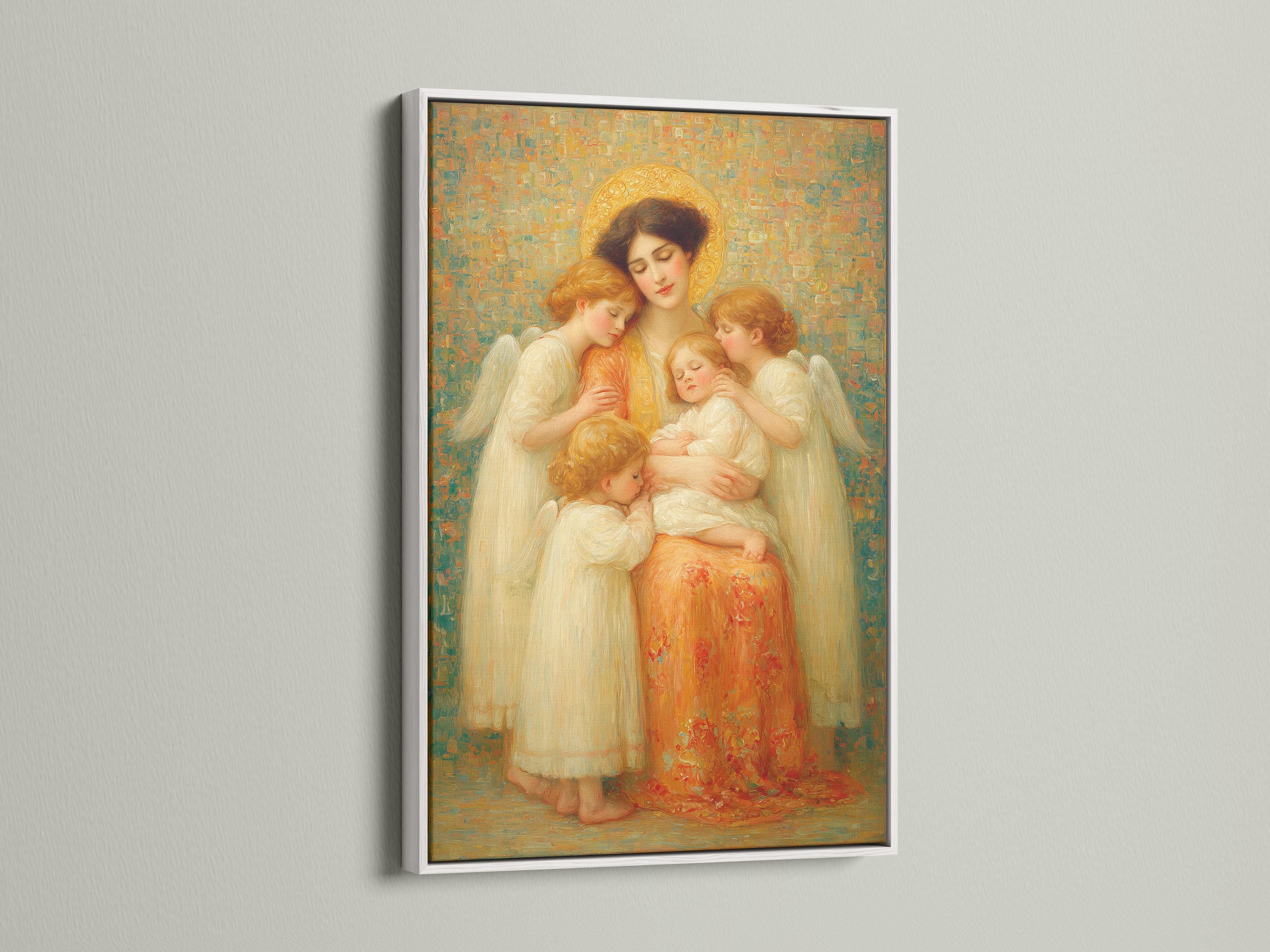 Painterly Madonna and Child scene with haloed angels and wings against a textured green-gold background detail view