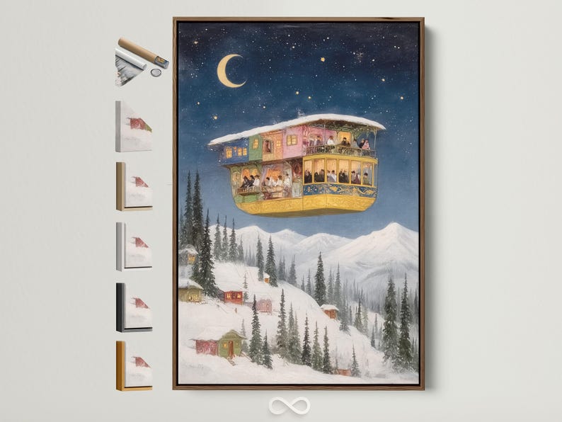 Floating house winter night scene with a large moon, starry sky, and snowy evergreen trees