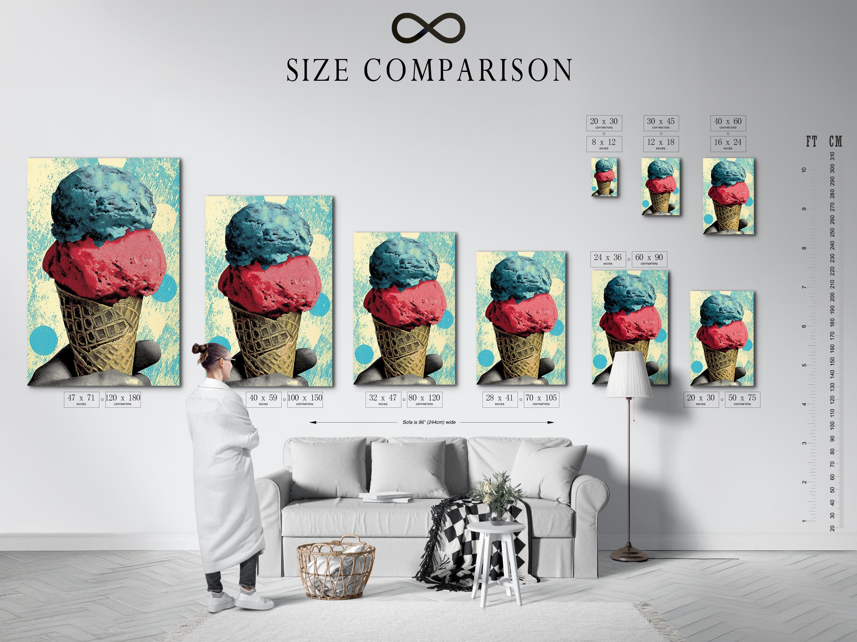 Pop-art ice cream cone illustration with turquoise and coral scoops and a patterned cone detail view