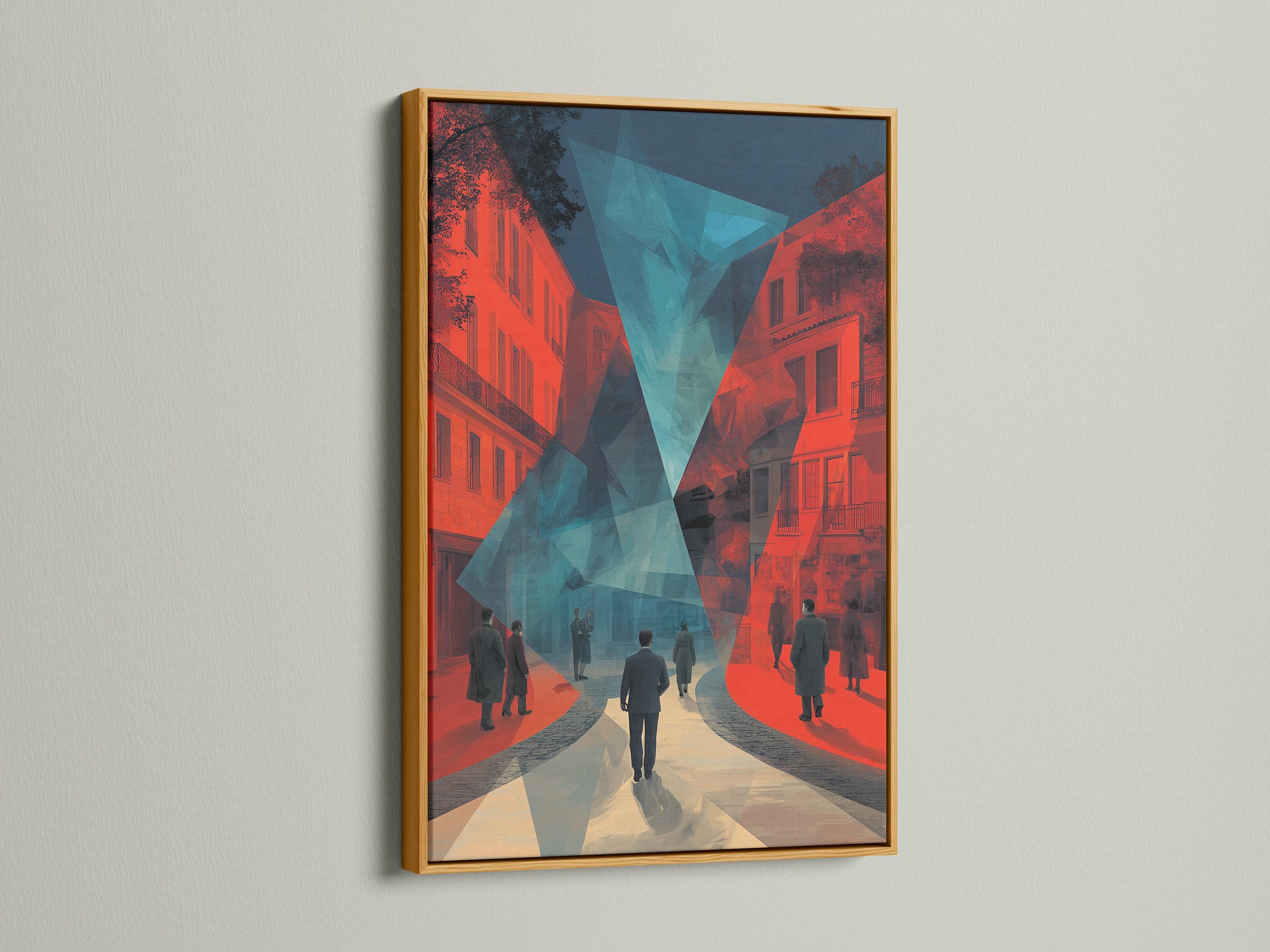 Stylised city street artwork with coral buildings, teal geometric centre and dark blue shadows detail view