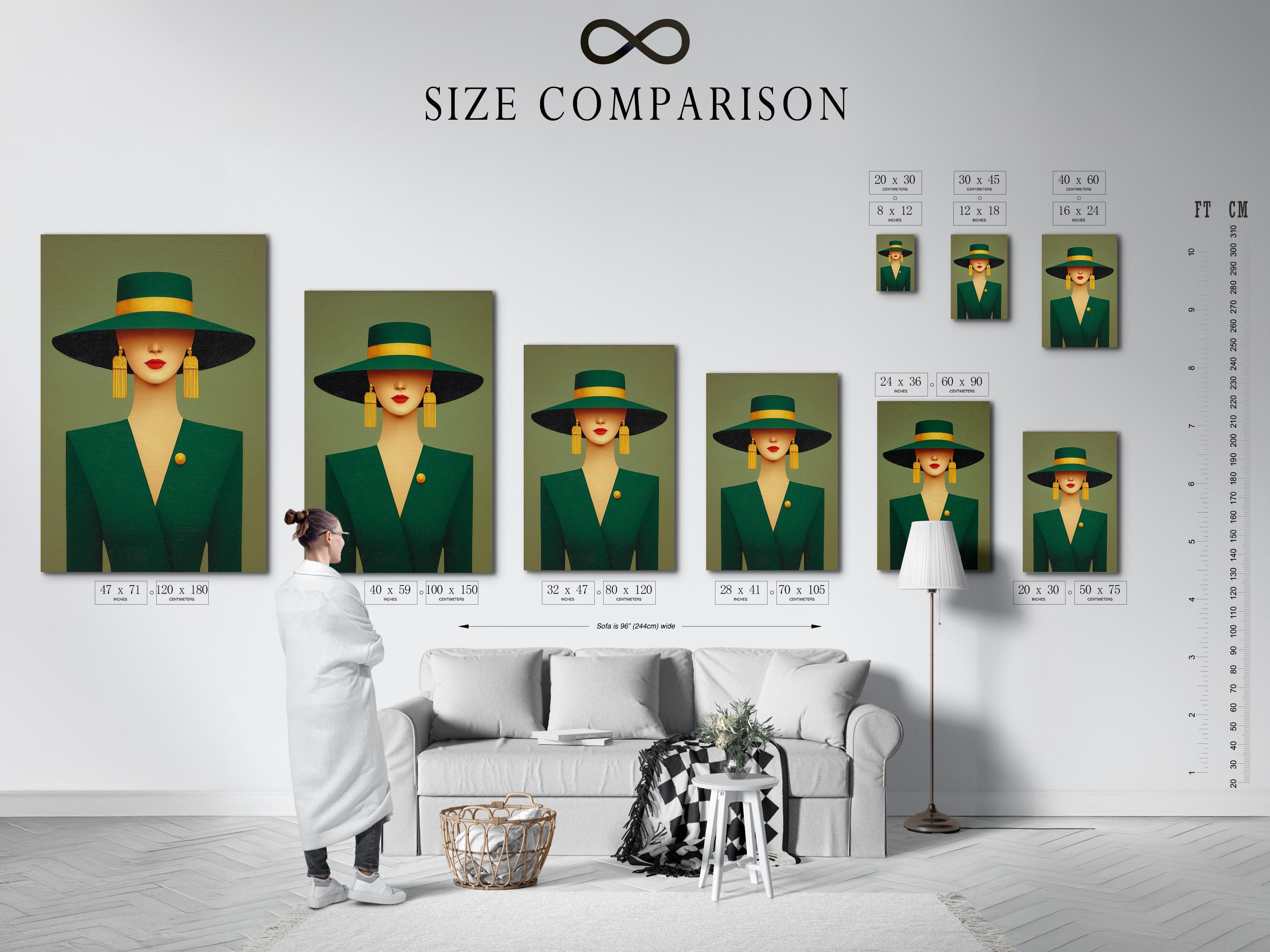 A stylised portrait of an elegant woman in a wide-brim hat, shown against a muted green background with gold accents and Art Deco-inspired shapes