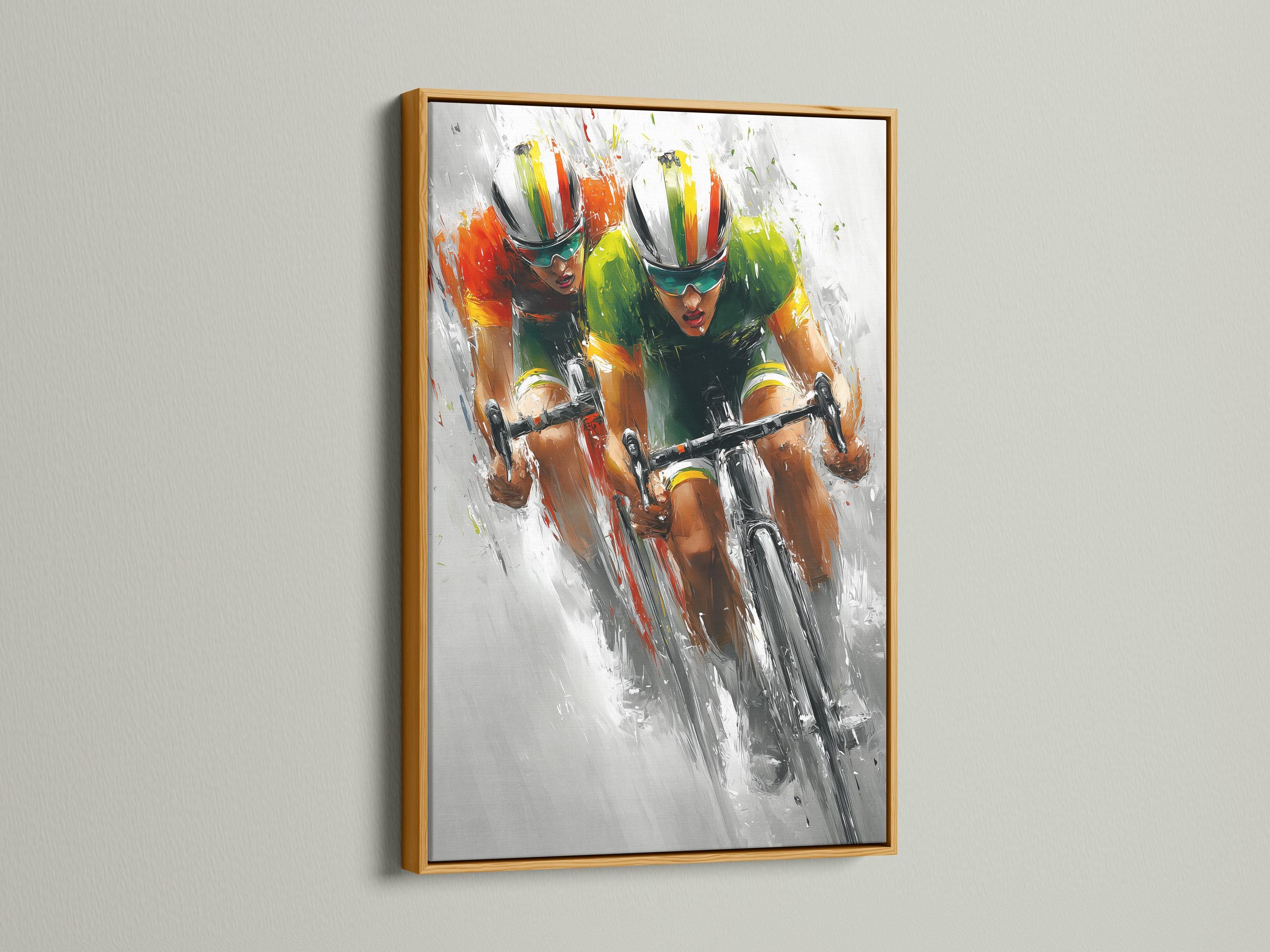 Cycling artwork mockup showing a framed print with two cyclists racing diagonally