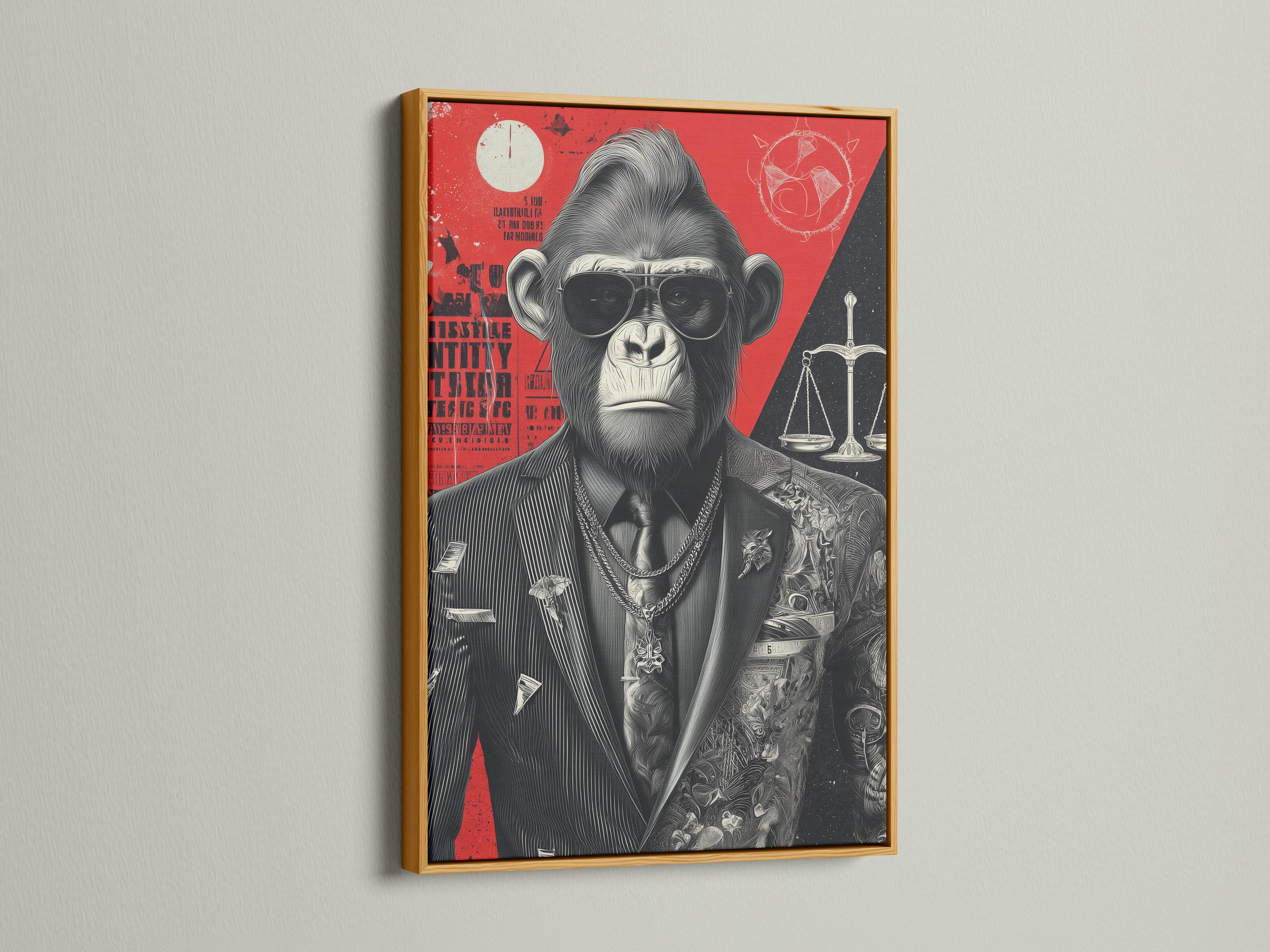 Framed gorilla lawyer artwork on a wall with several side panel mockups
