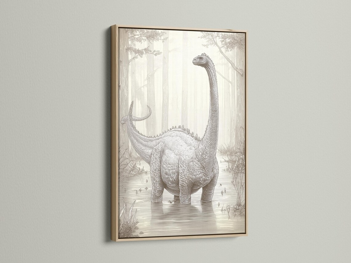 Neutral brontosaurus dinosaur sketch with a forest background in beige and charcoal grey linework detail view