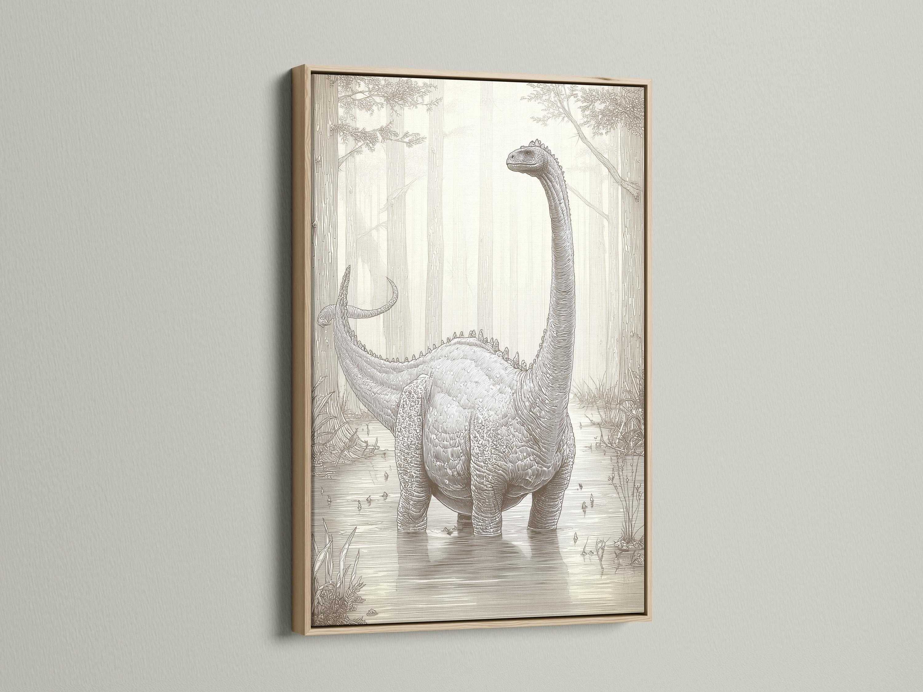Neutral brontosaurus dinosaur sketch with a forest background in beige and charcoal grey linework detail view