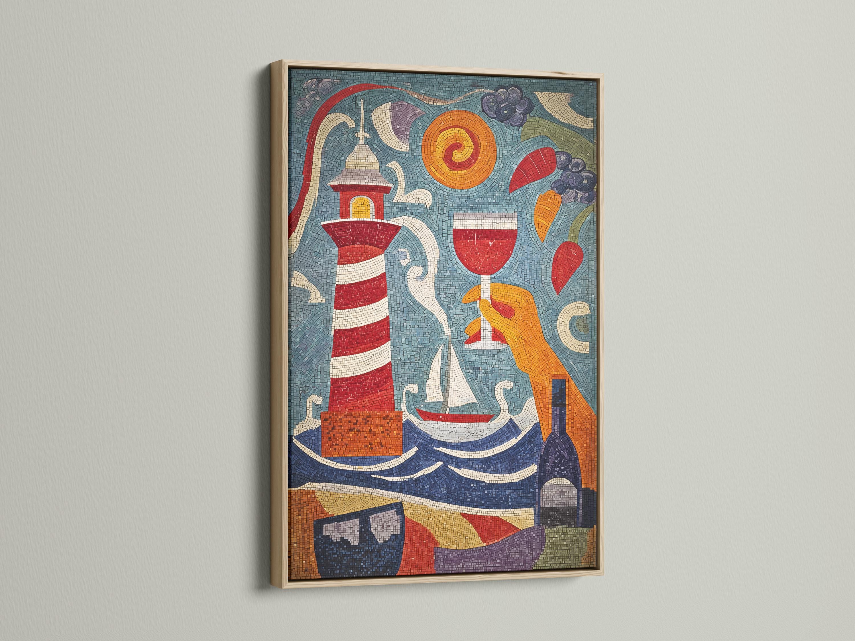 Mosaic lighthouse scene with curved waves in blue, red, white and gold tiles detail view