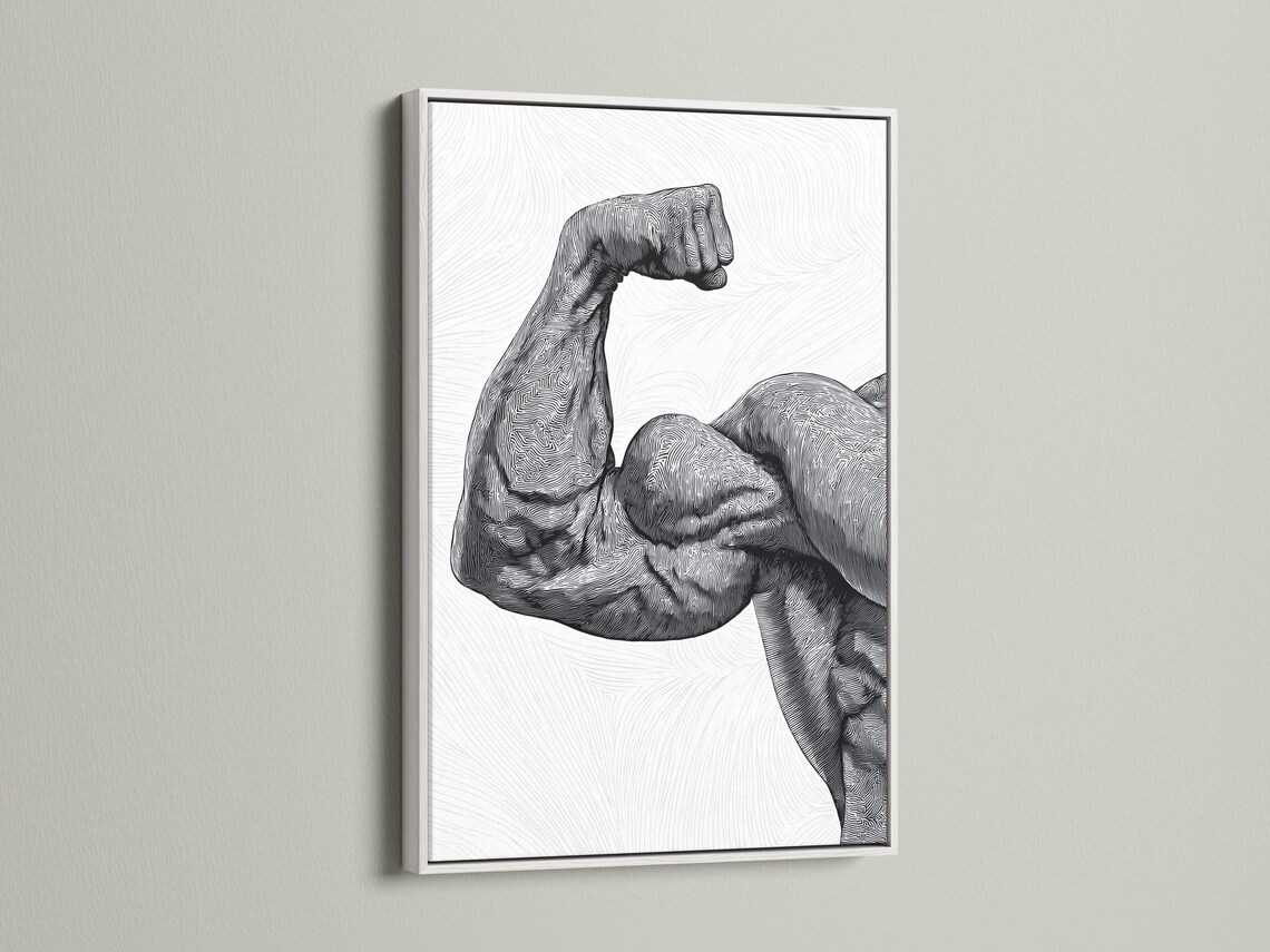 Black and white line art of a flexing muscle figure with dense contour lines detail view