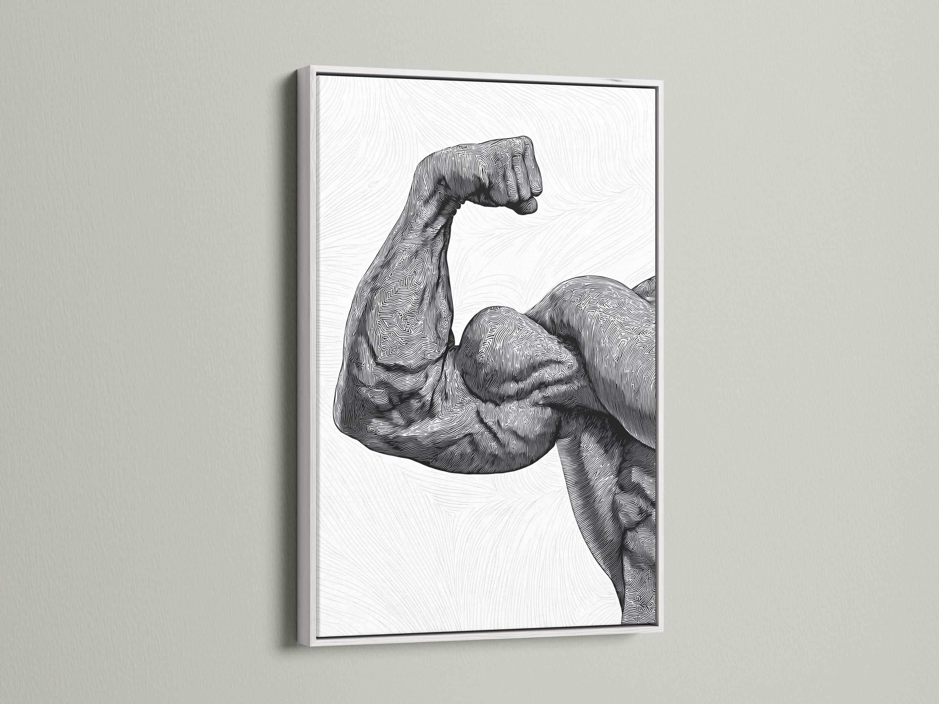 Black and white line art of a flexing muscle figure with dense contour lines detail view