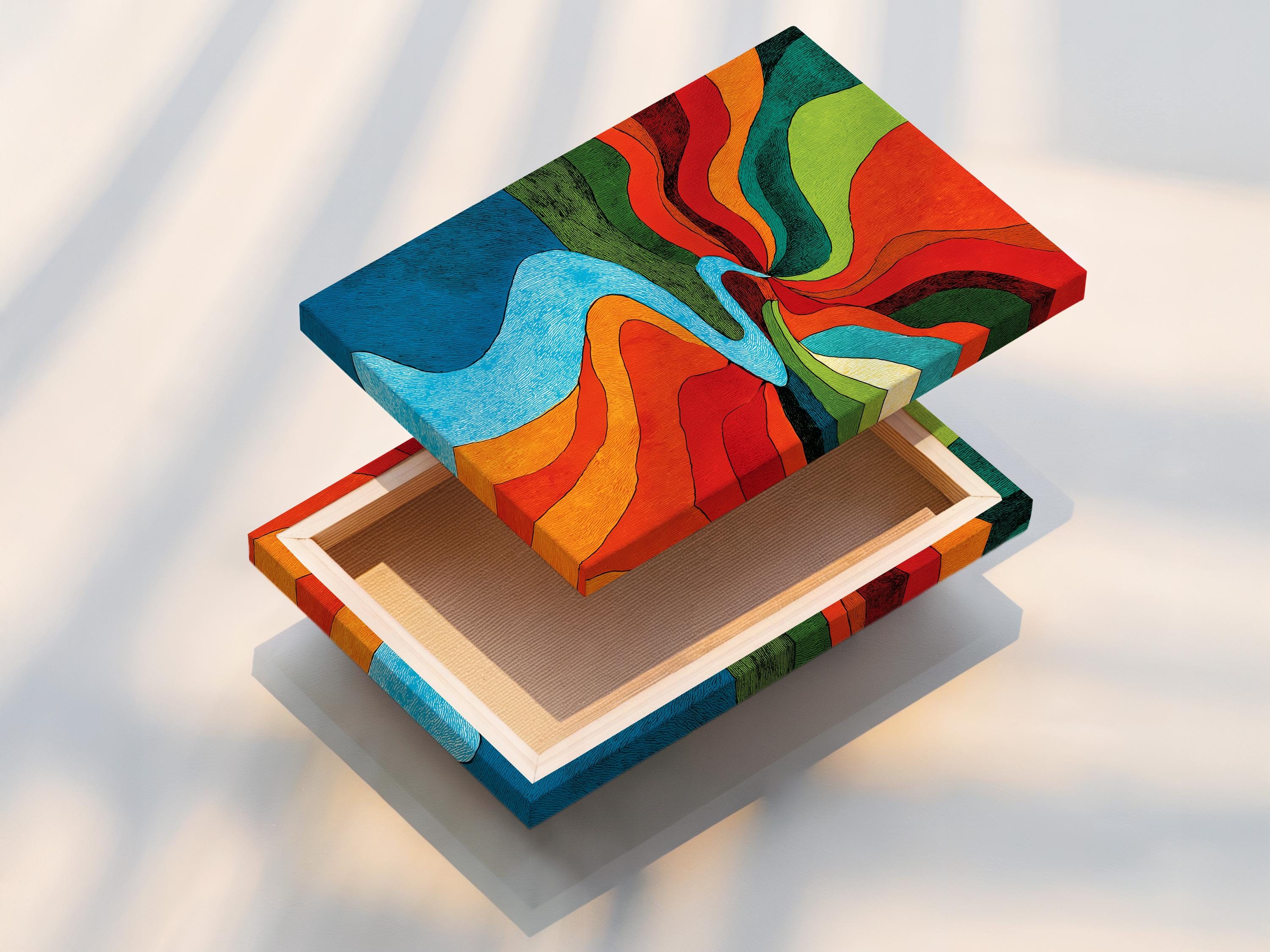 Retro abstract river artwork with bright blue water and vivid red, orange, green and teal bands detail view