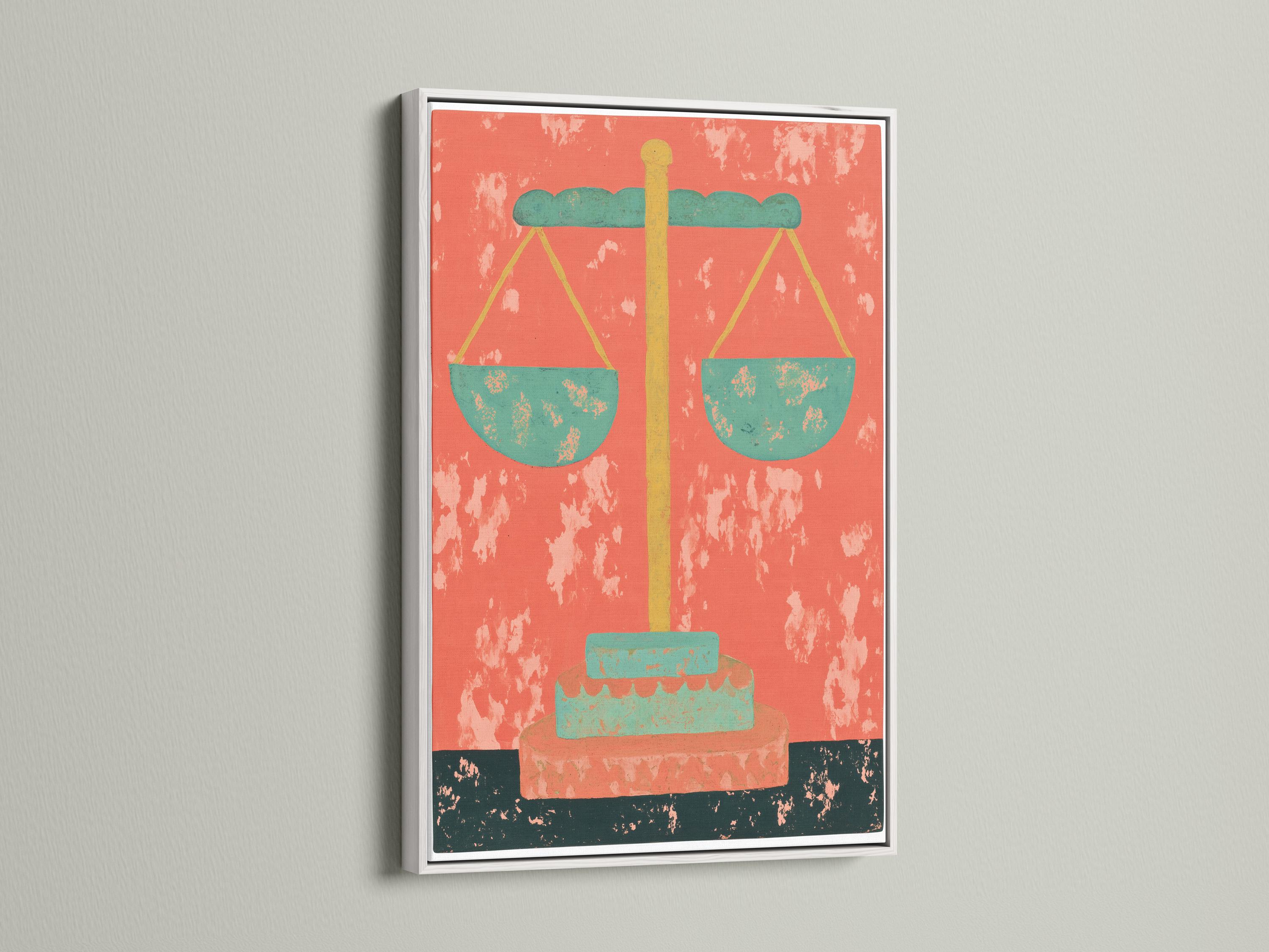 Stylised scales of justice with mint-green pans and gold beam on a coral-red distressed background detail view